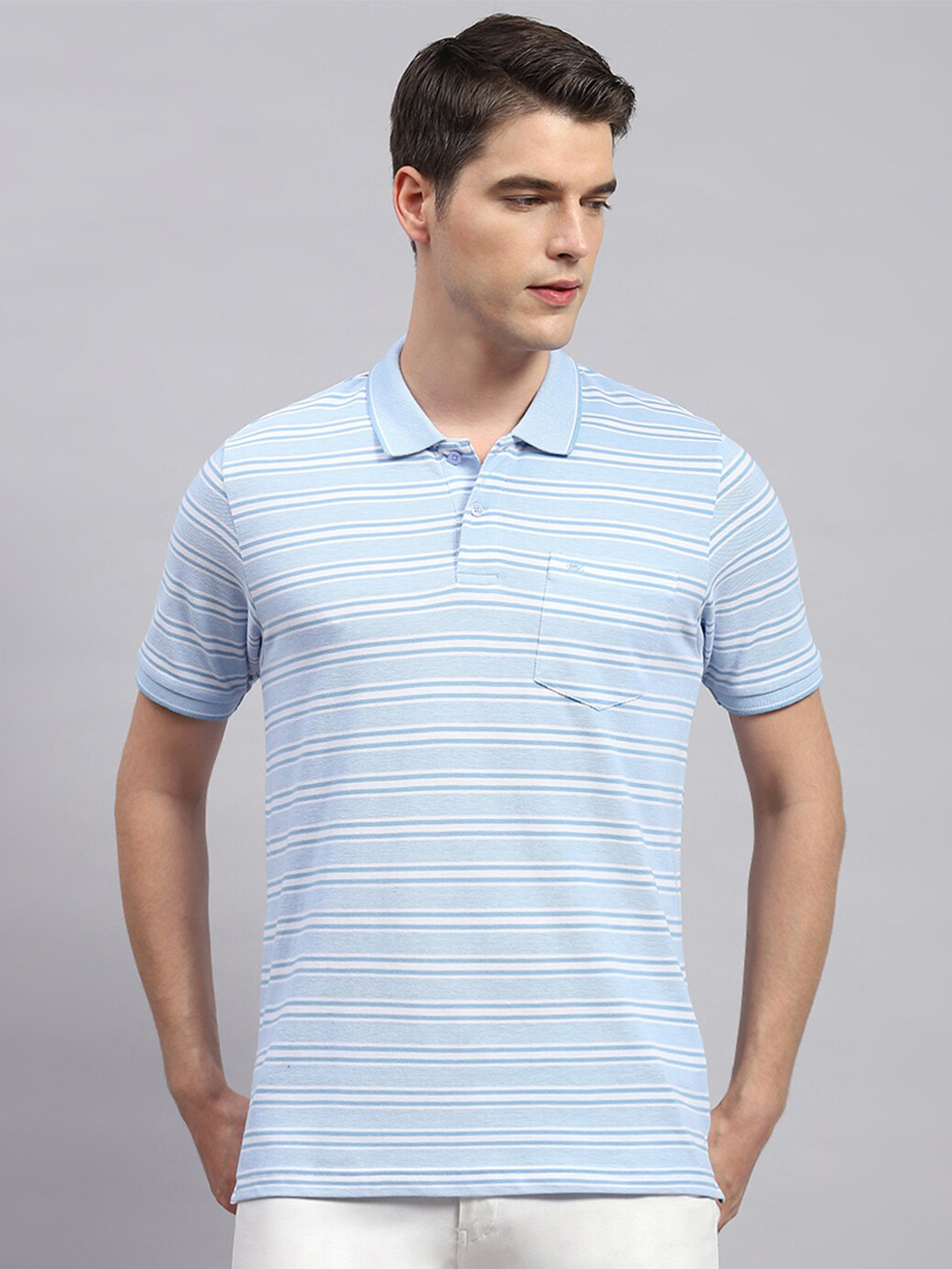 

Monte Carlo Striped Polo Collar Cotton T-shirt, Blue