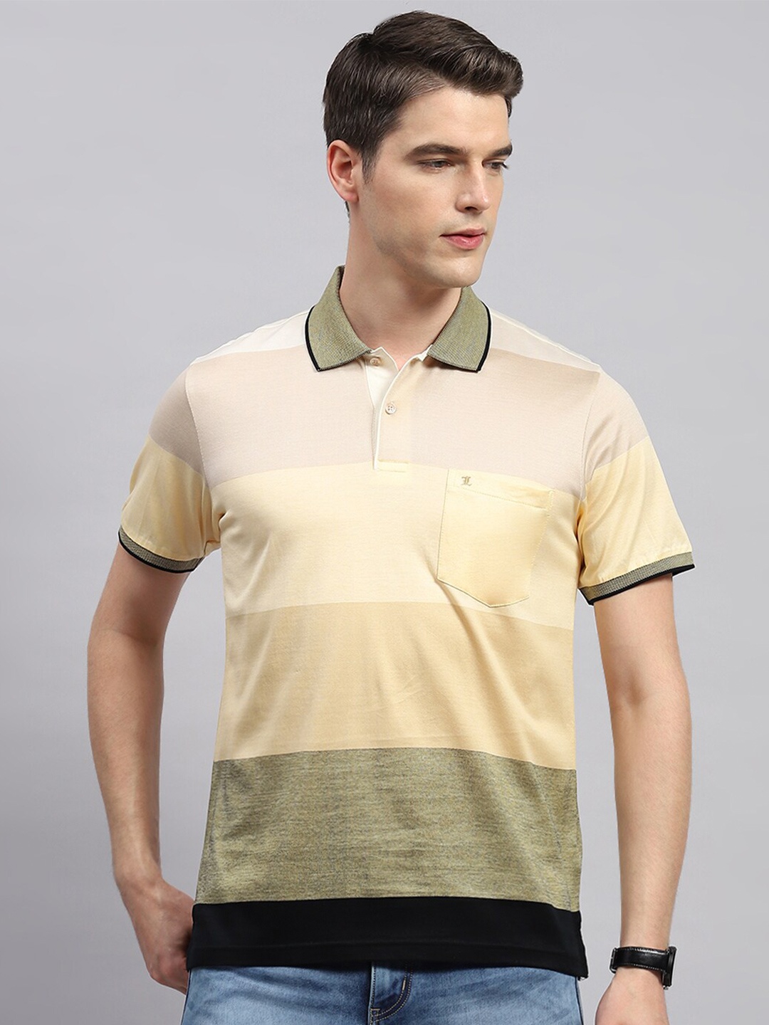 

Monte Carlo Colourblocked Polo Collar Cotton T-shirt, Beige