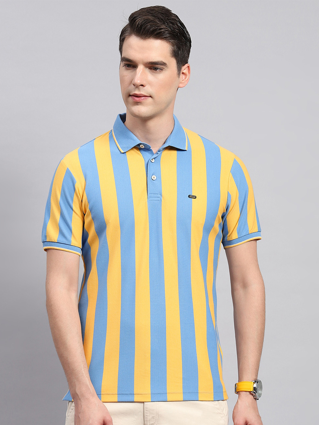 

Monte Carlo Striped Polo Collar Cotton T-shirt, Yellow