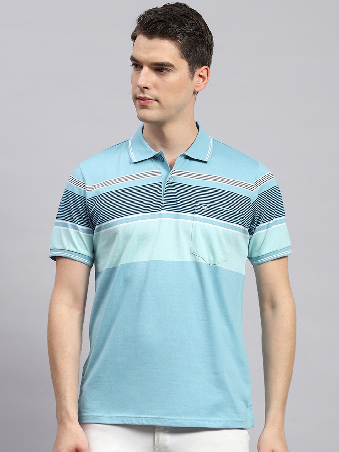 

Monte Carlo Striped Polo Collar Cotton Casual T-shirt, Blue