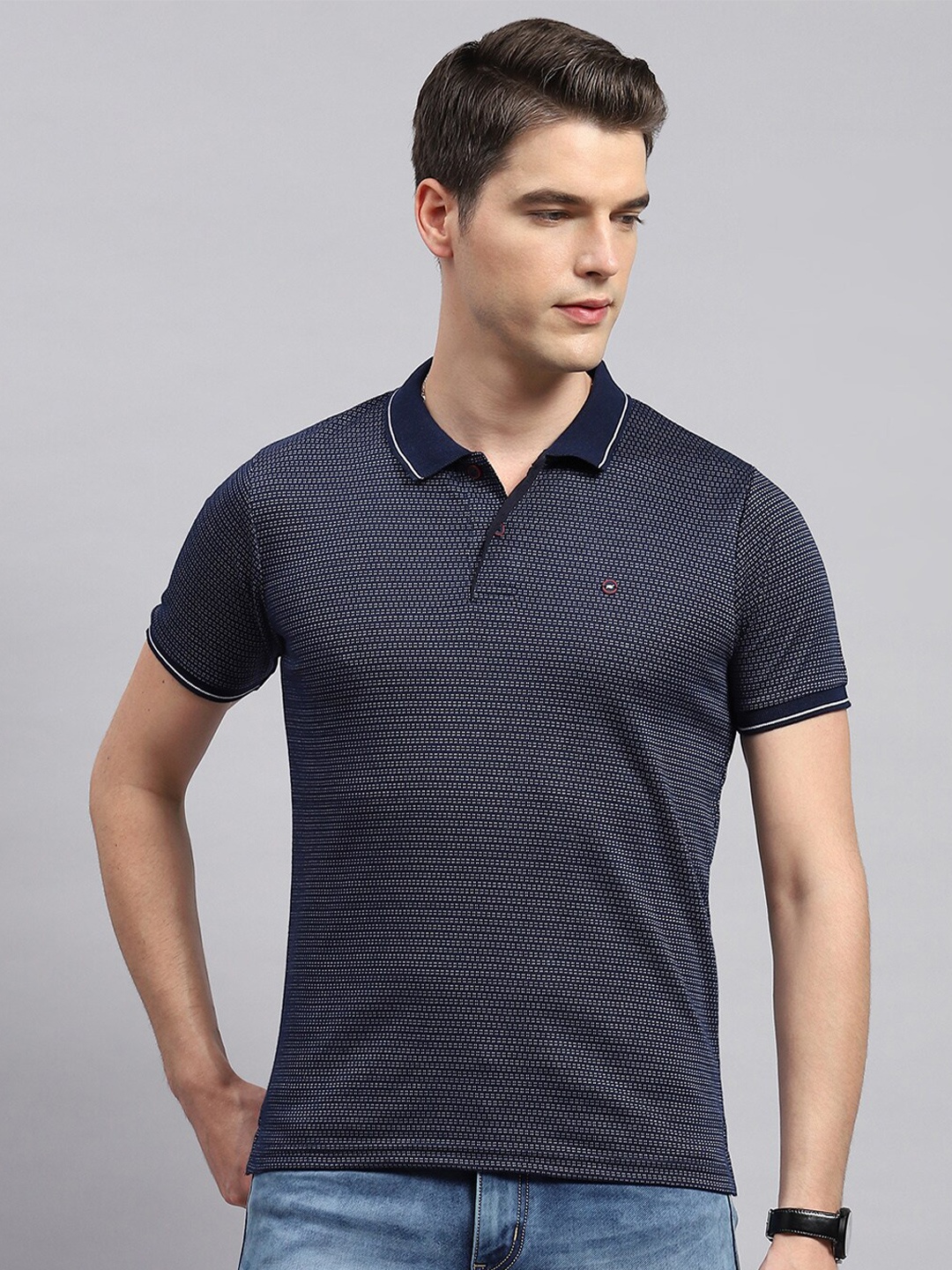 

Monte Carlo Self Design Polo Collar Cotton T-shirt, Blue