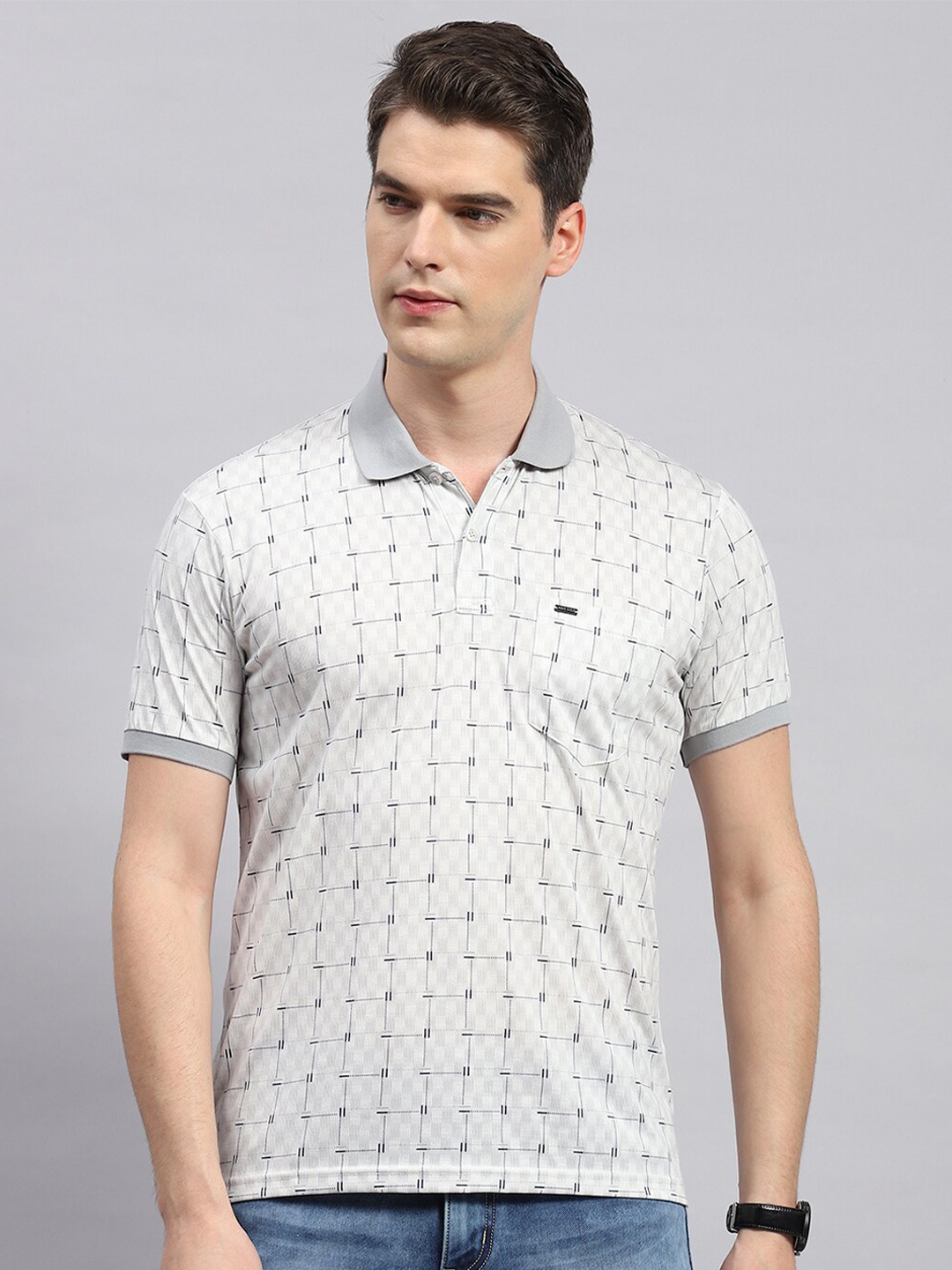 

Monte Carlo Geometric Printed Polo Collar Cotton T-shirt, Grey