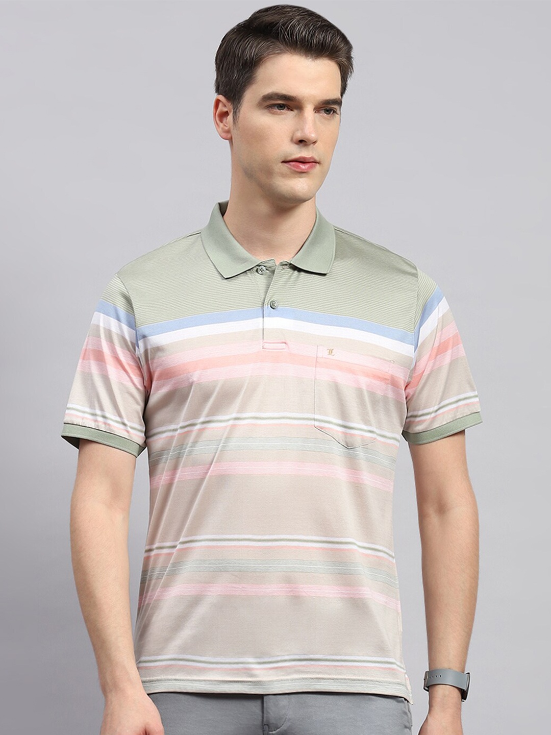 

Monte Carlo Striped Polo Collar Cotton T-shirt, Green