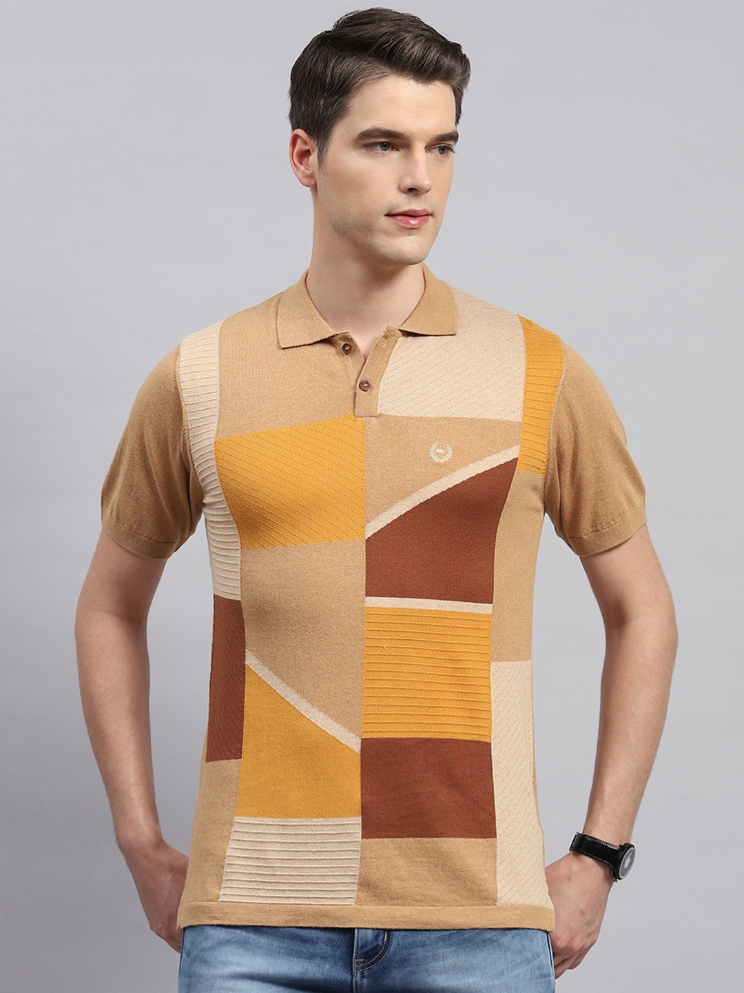 

Monte Carlo Colourblocked Polo Collar Cotton T-shirt, Brown