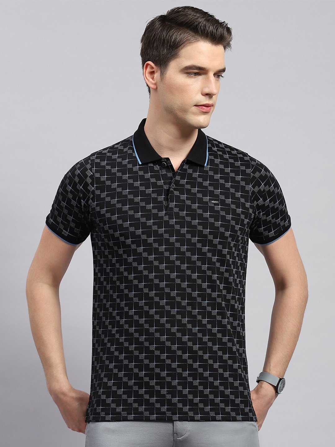 

Monte Carlo Geometric Printed Polo Collar Cotton T-shirt, Black