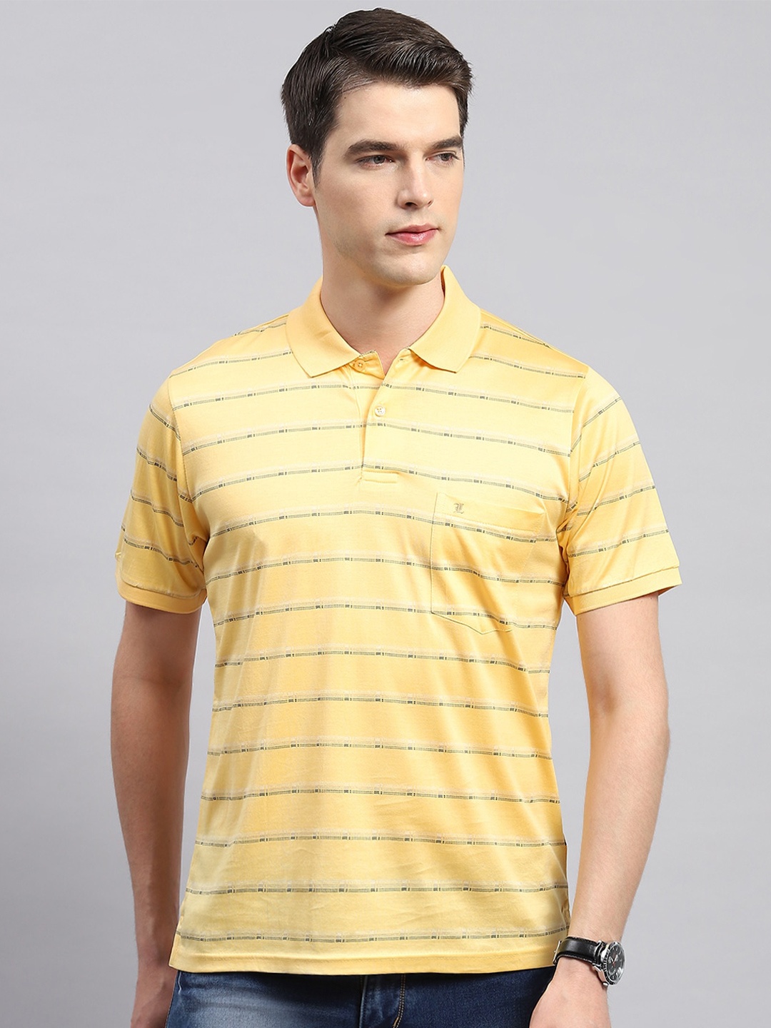 

Monte Carlo Striped Polo Collar Cotton T-shirt, Yellow
