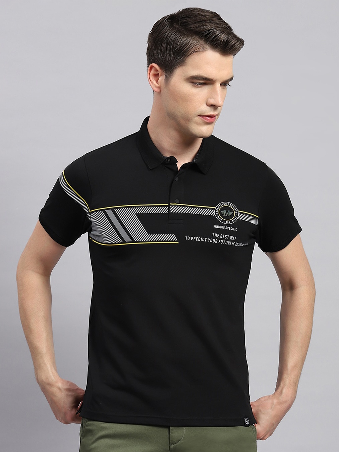 

Monte Carlo Striped Polo Collar Cotton T-shirt, Black