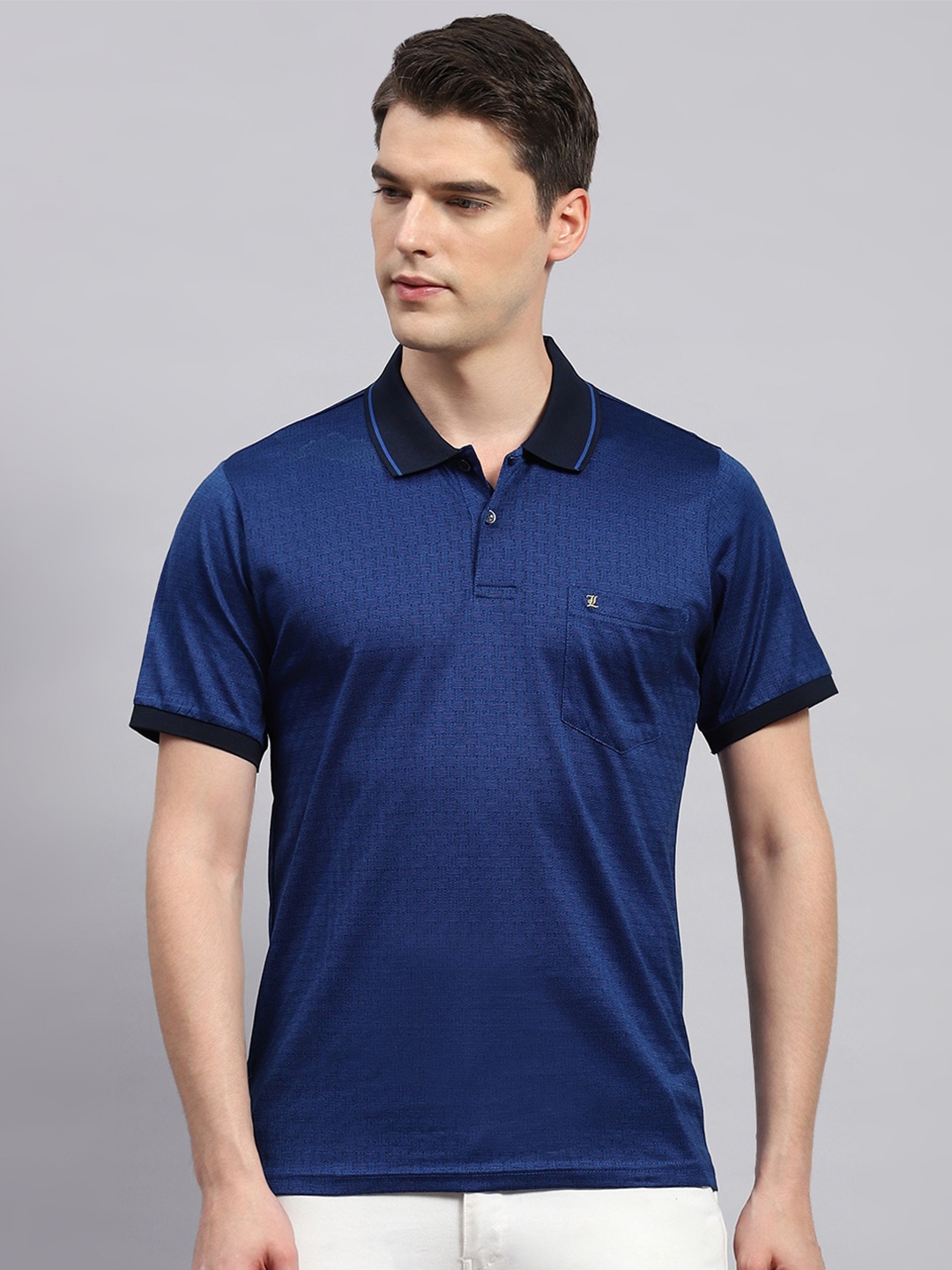 

Monte Carlo Abstract Printed Polo Collar Cotton Pockets T-shirt, Blue