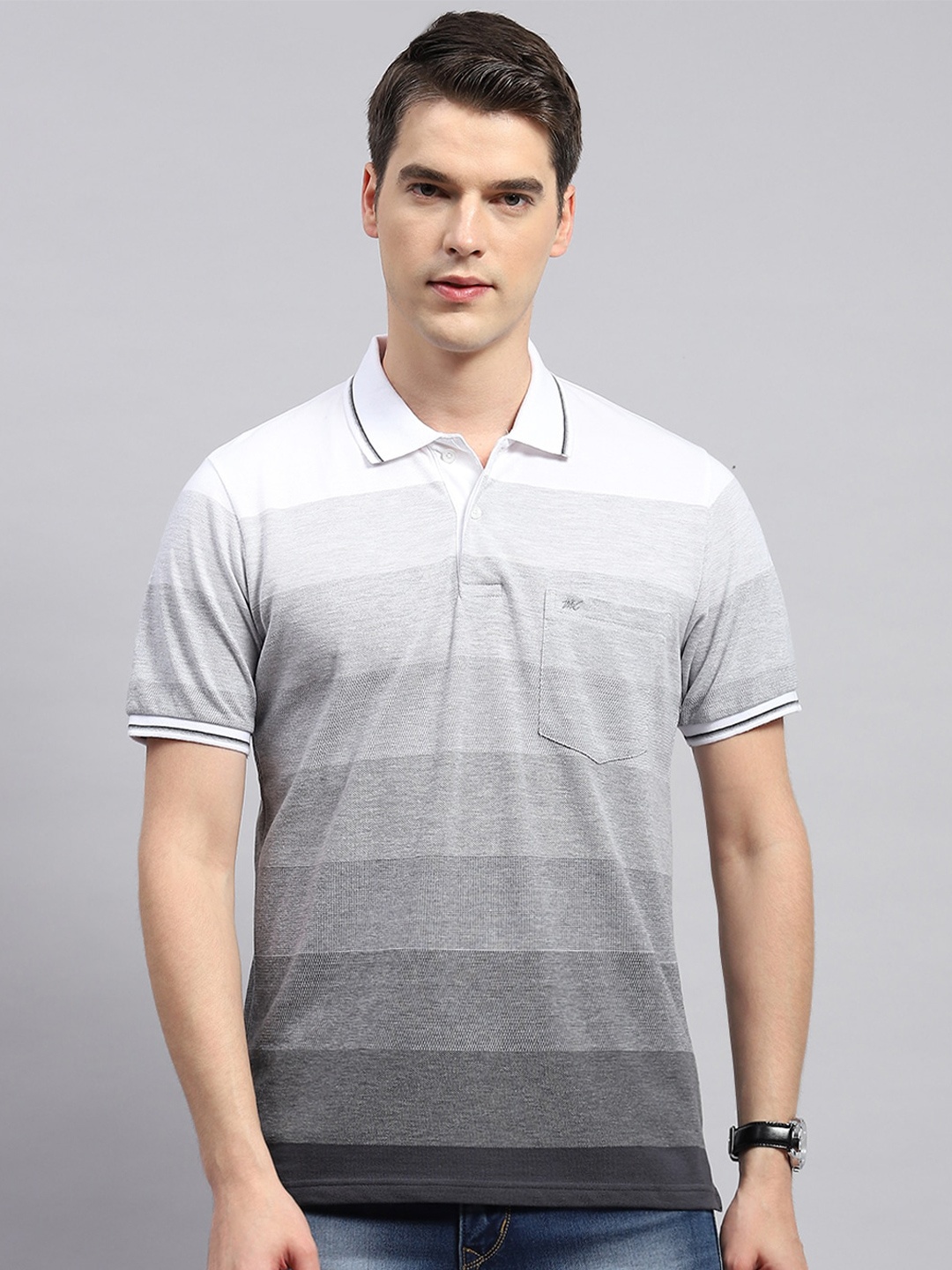 

Monte Carlo Striped Polo Collar Cotton T-shirt, Grey