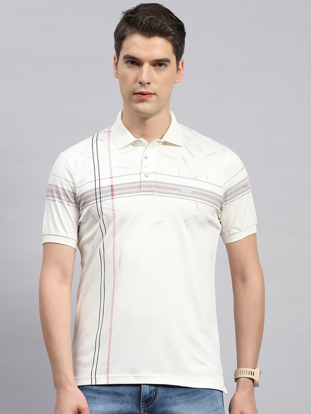 

Monte Carlo Striped Polo Collar Cotton T-shirt, Off white