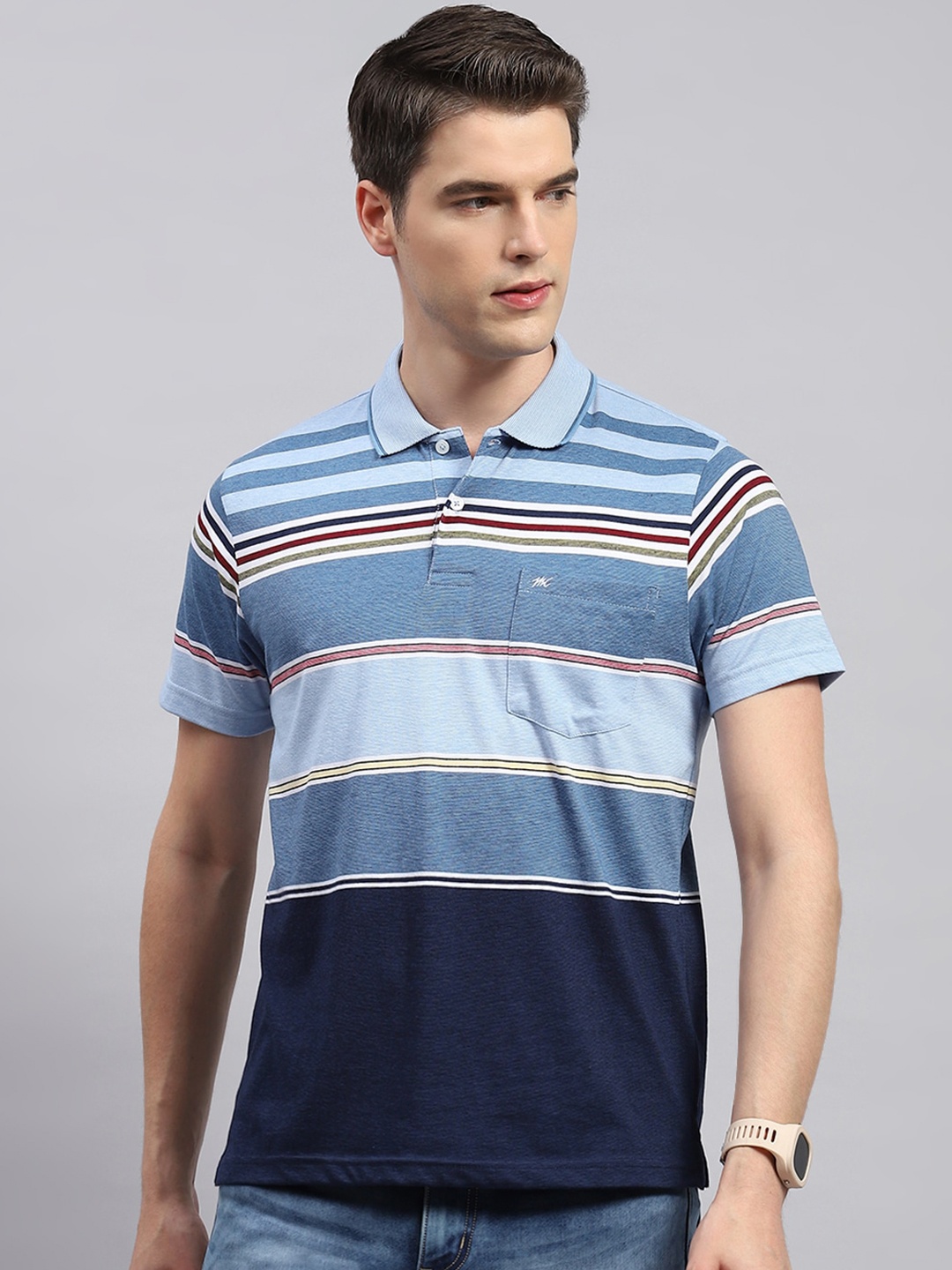 

Monte Carlo Striped Polo Collar Cotton T-shirt, Blue