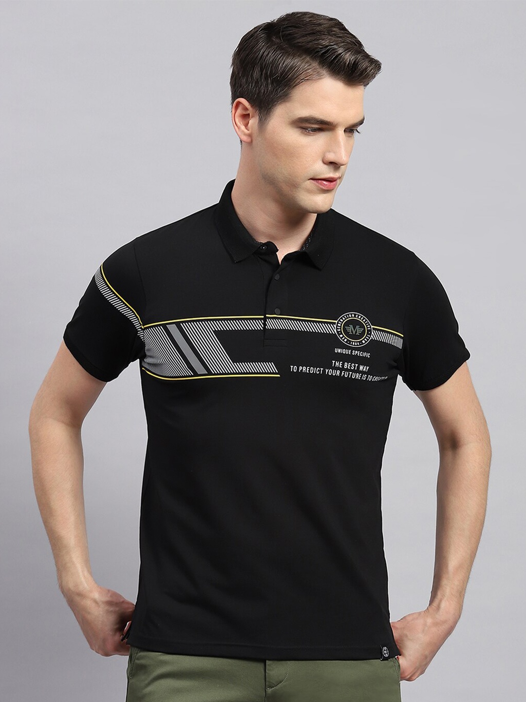 

Monte Carlo Graphic Printed Polo Collar Cotton T-shirt, Black