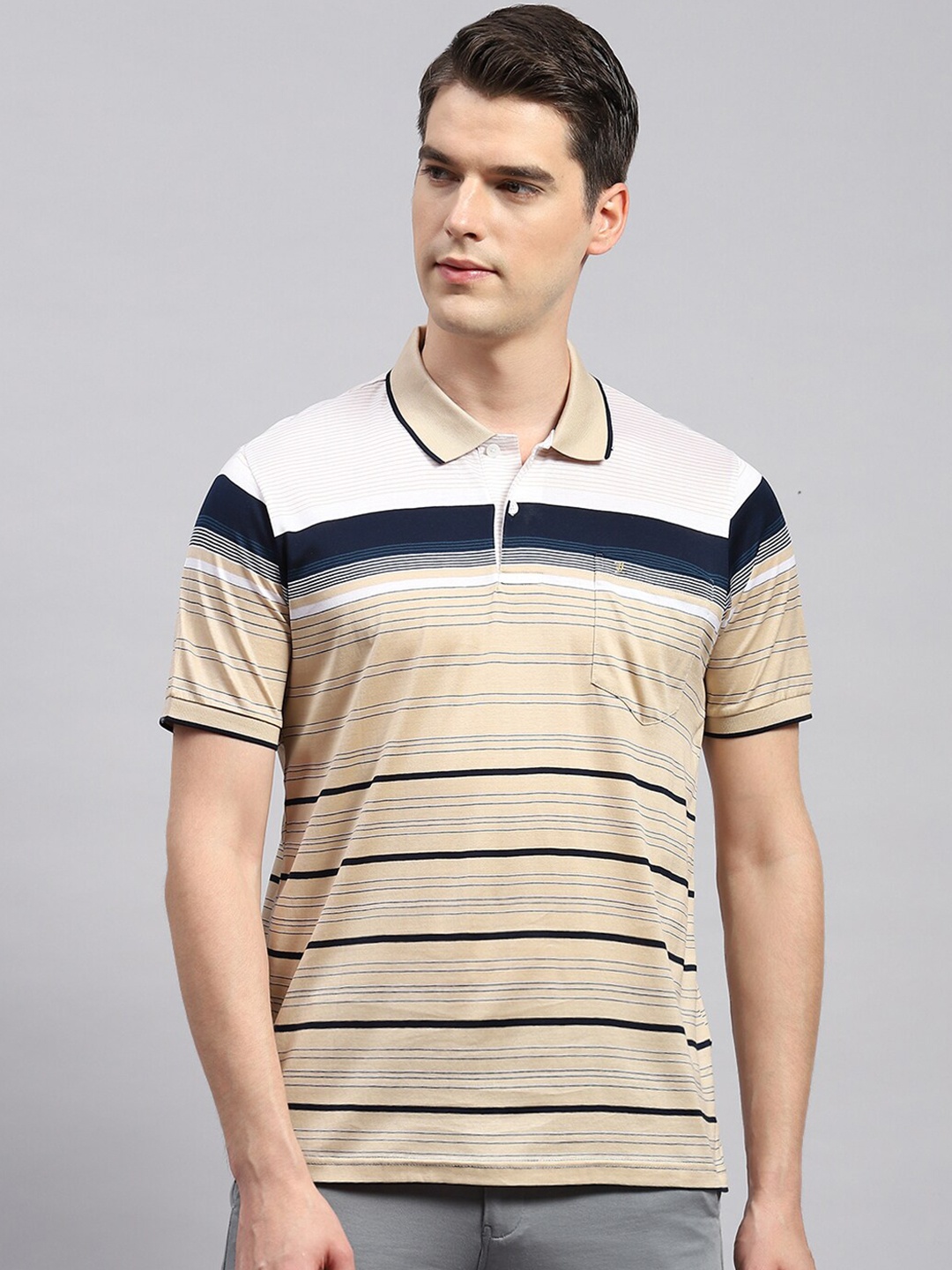 

Monte Carlo Striped Polo Collar Cotton Casual T-shirt, Brown