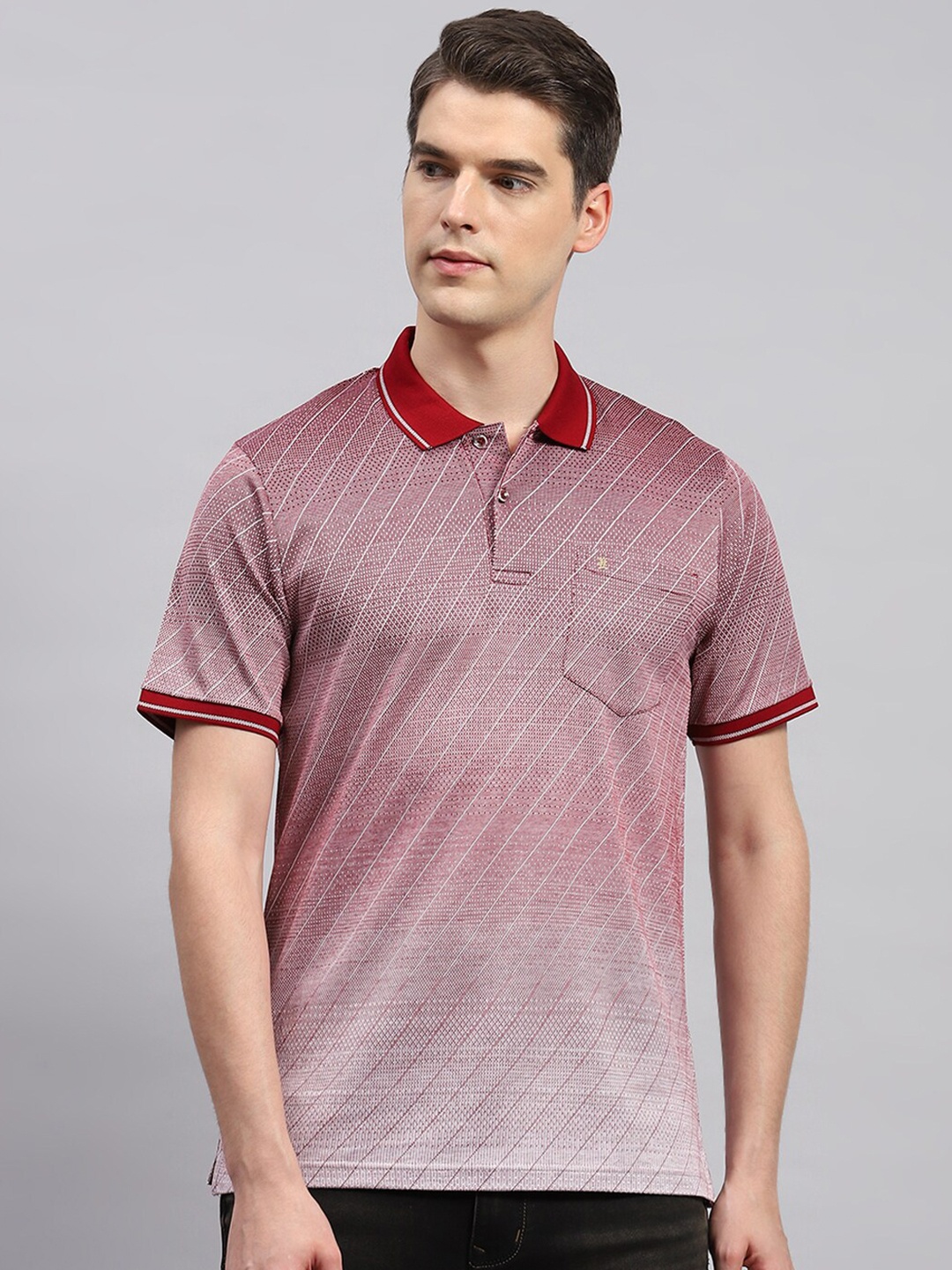 

Monte Carlo Striped Polo Collar Cotton T-shirt, Maroon