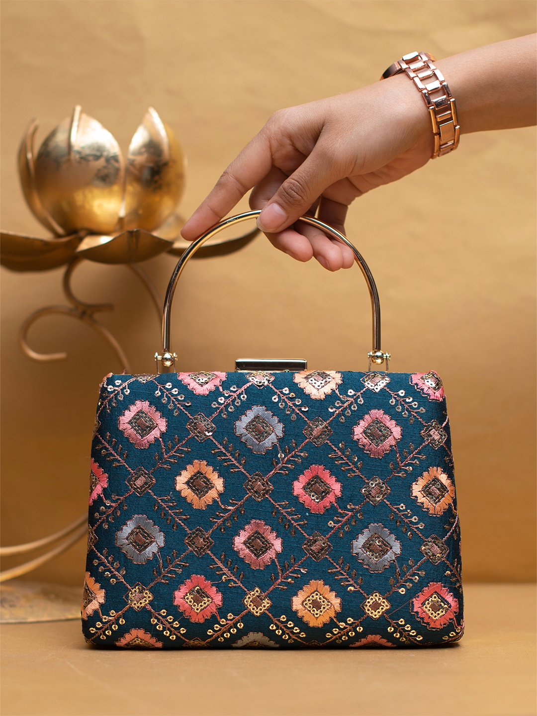 

ARTKLIM Embroidered Box Clutch, Blue
