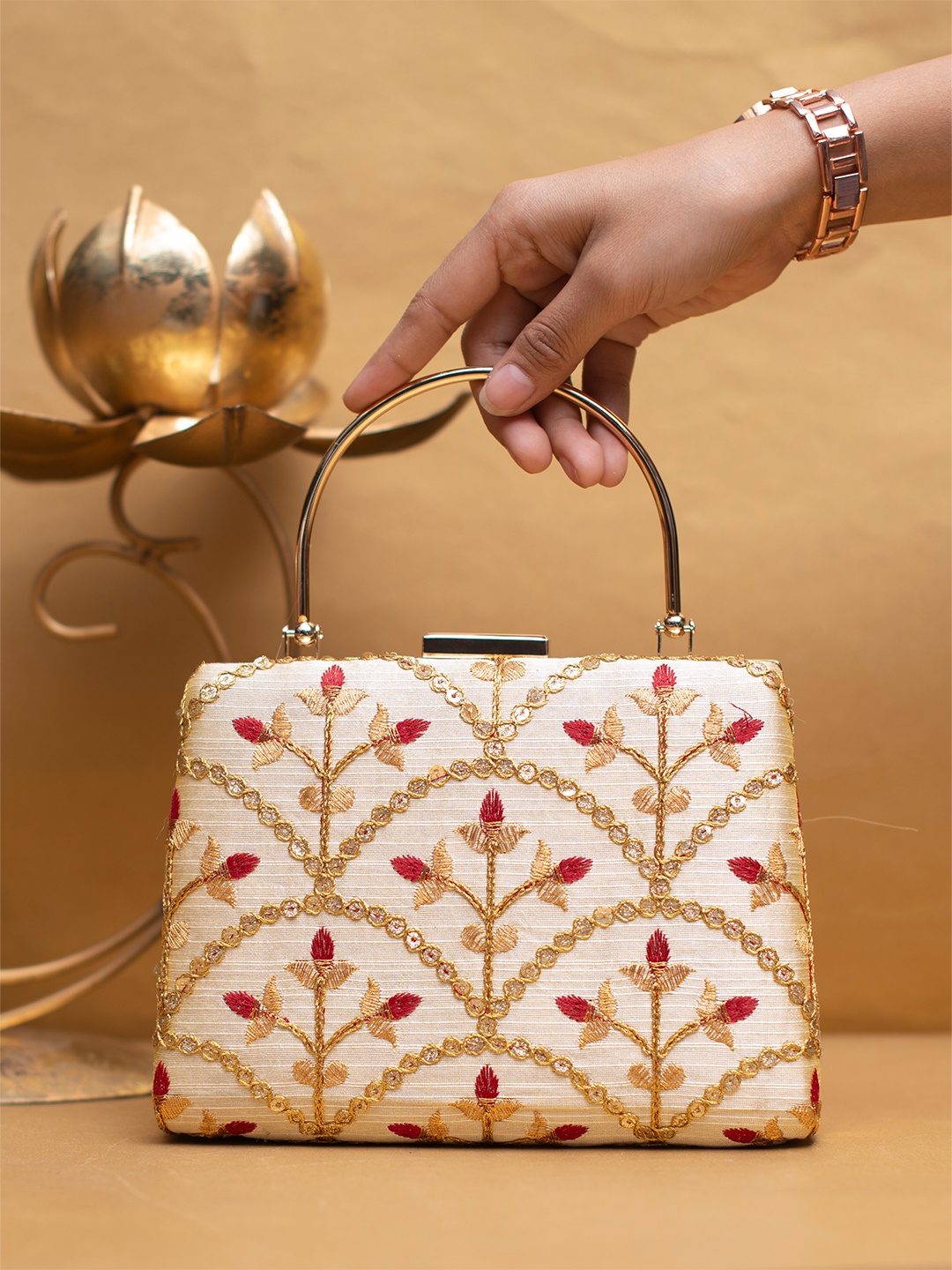 

ARTKLIM Embroidered Box Clutch, Cream