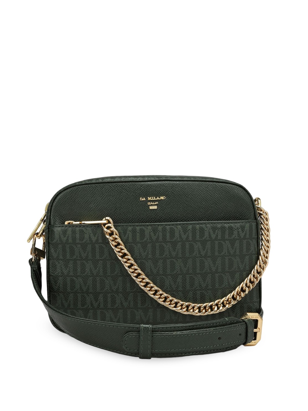 

Da Milano Typography Textured Leather Structured Sling Bag, Green