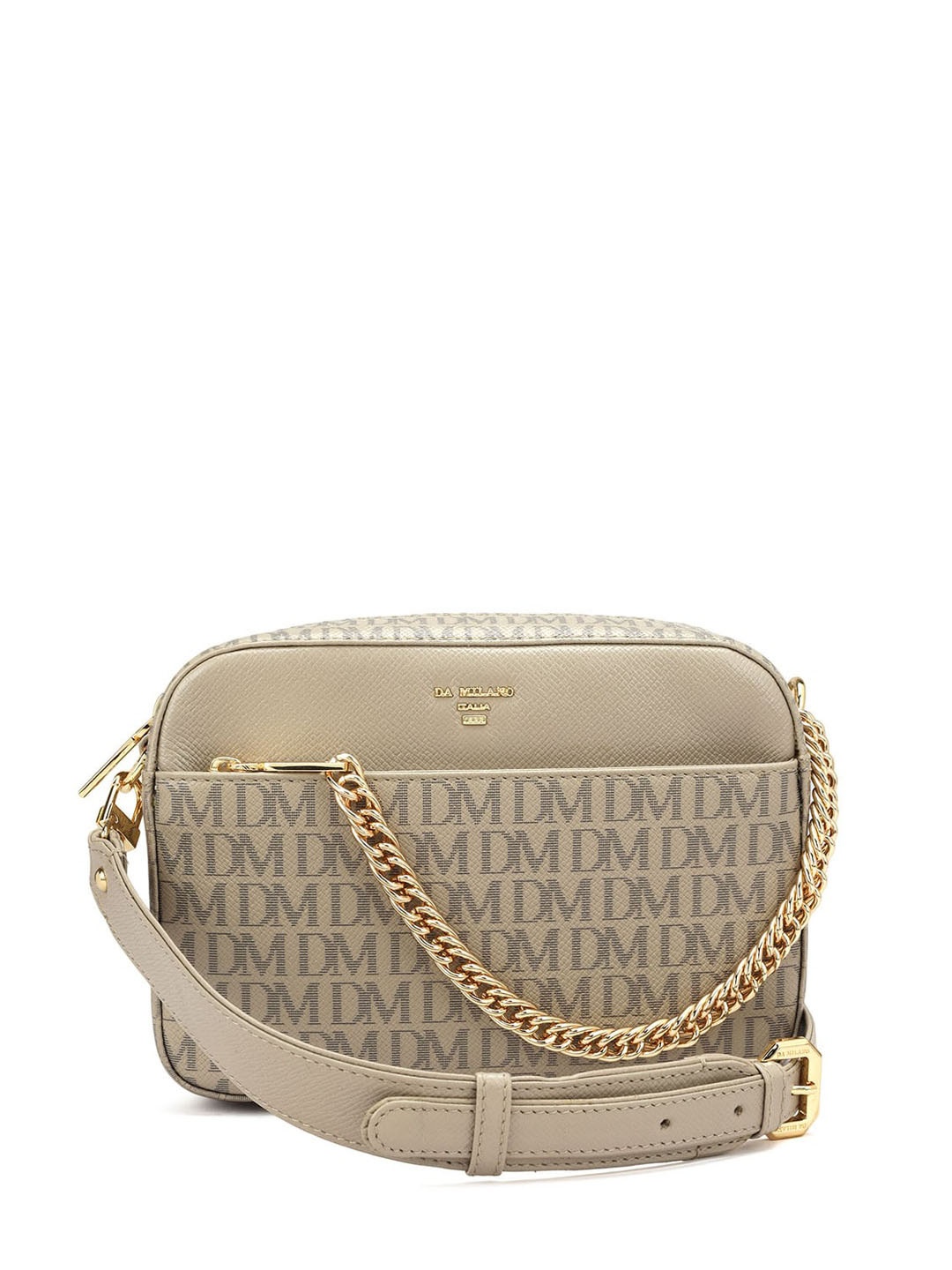 

Da Milano Typography Printed Zip Detail Leather Sling Bag, White