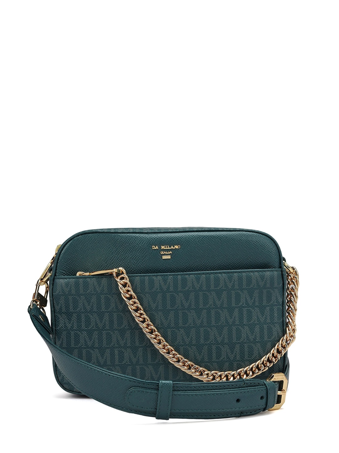 

Da Milano Typography Printed Zip Detail Leather Sling Bag, Blue