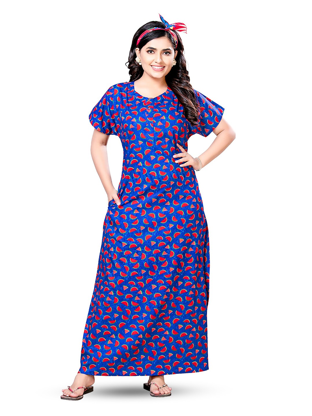 

Keyocean Printed Pure Cotton Maxi Nightdress, Blue