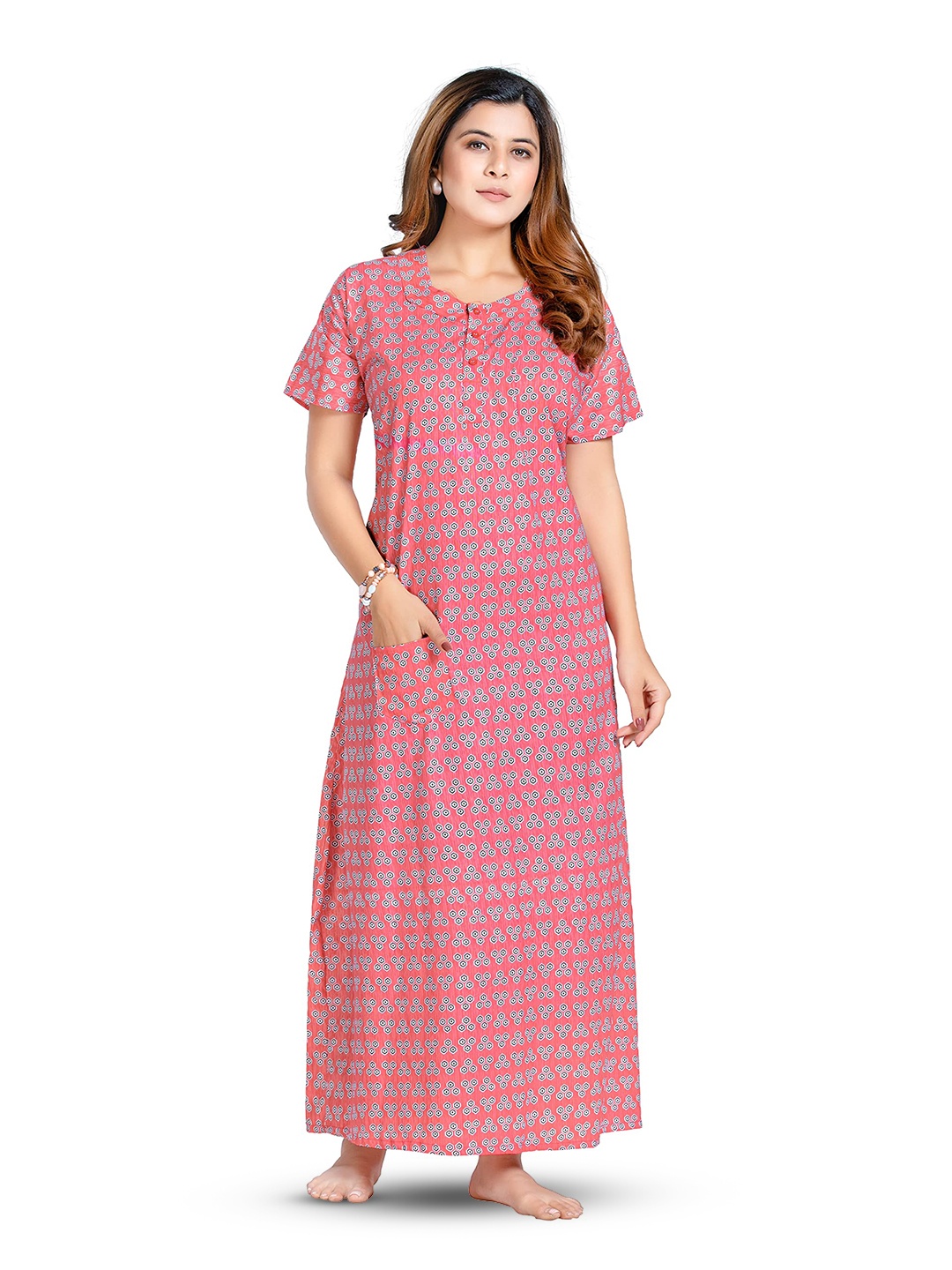 

Keyocean Printed Pure Cotton Maxi Nightdress, Peach