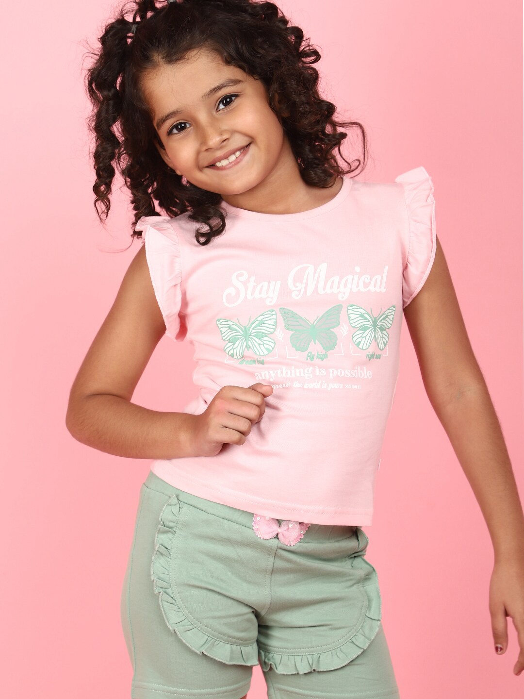 

V-Mart Girls Printed Flutter Sleeves Pure Cotton Top with Skirt, Pink