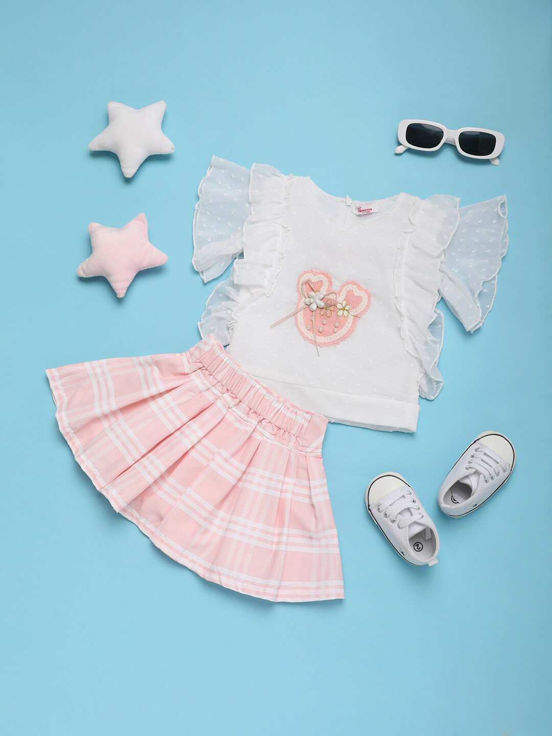 

V-Mart Girls Embellished Pure Cotton Top with Skirt, White