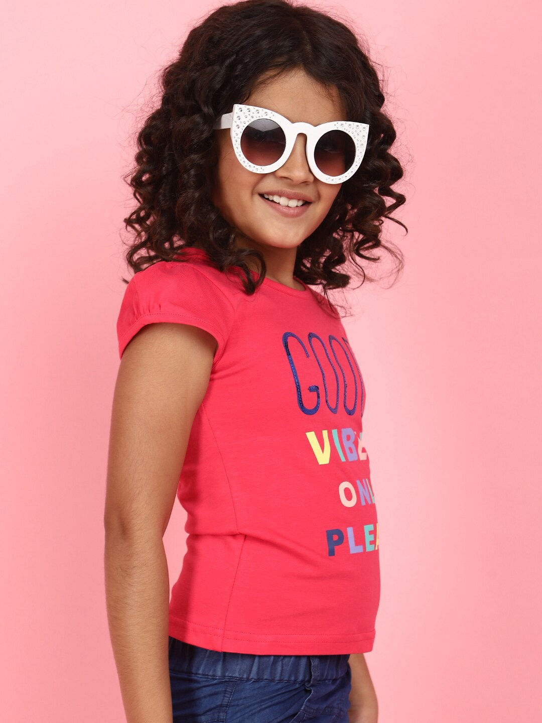 

V-Mart Girls Printed Pure Cotton T-shirt with Denim Shorts, Pink