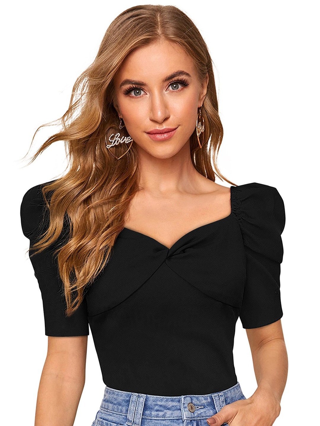 

BAESD Cotton Sweetheart Neck Puff Sleeves Casual Top, Black