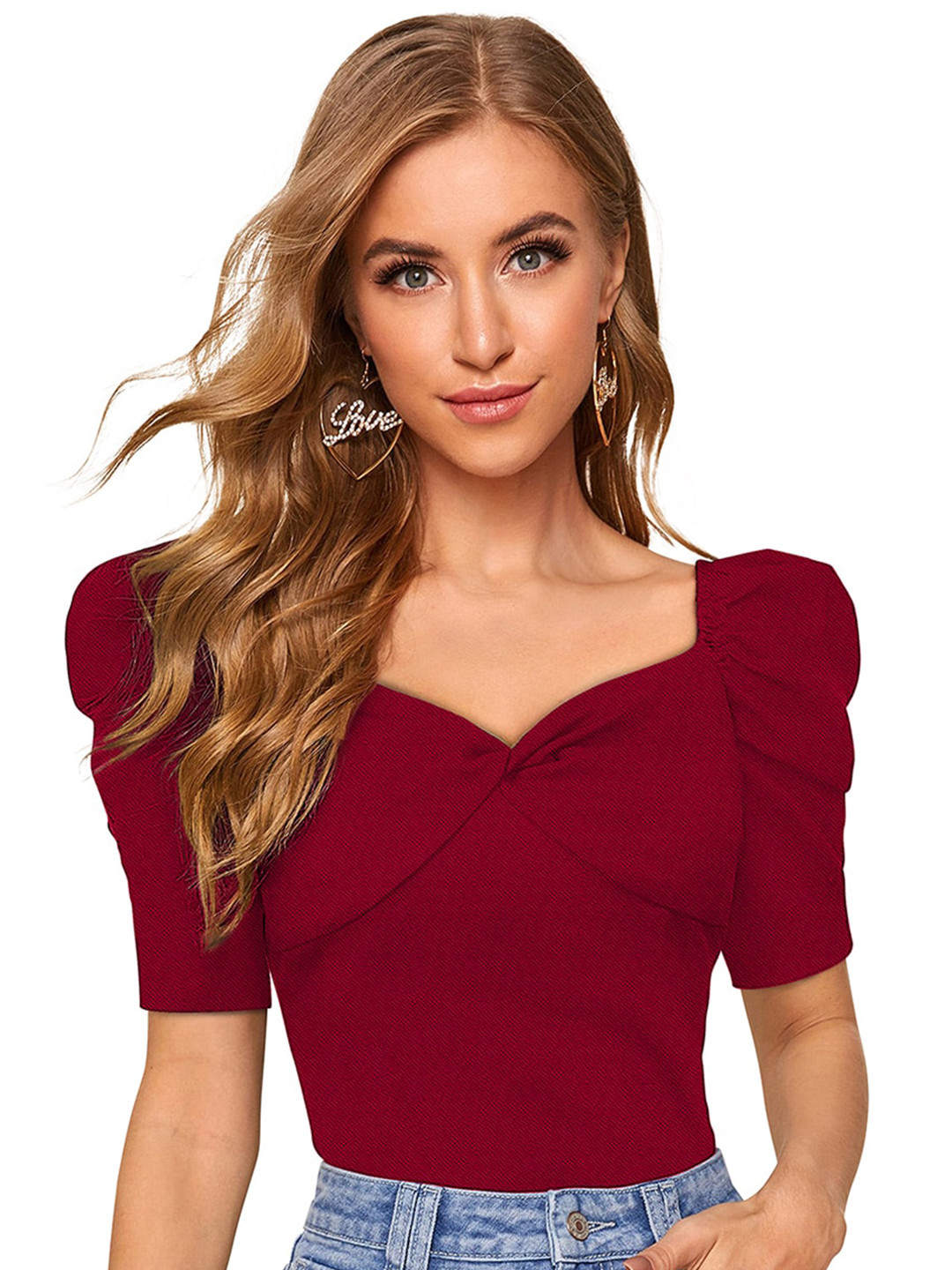 

BAESD Sweetheart Neck Puff Sleeves Cotton Top, Maroon
