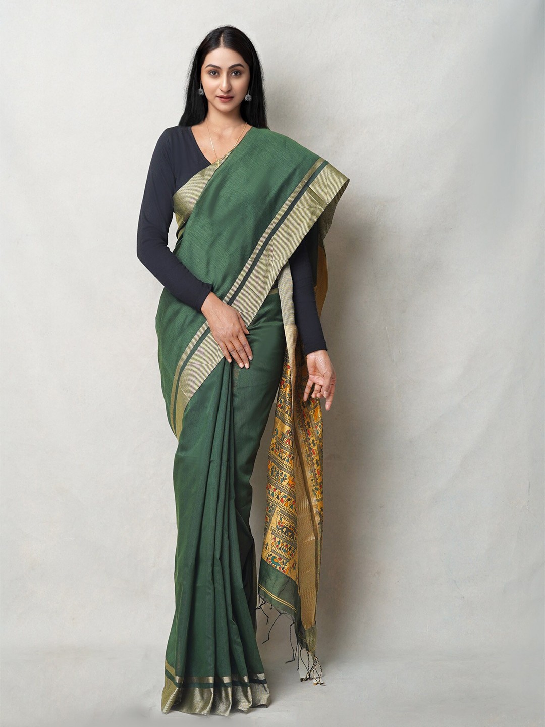 

Unnati Silks Zari Block Print Saree, Green