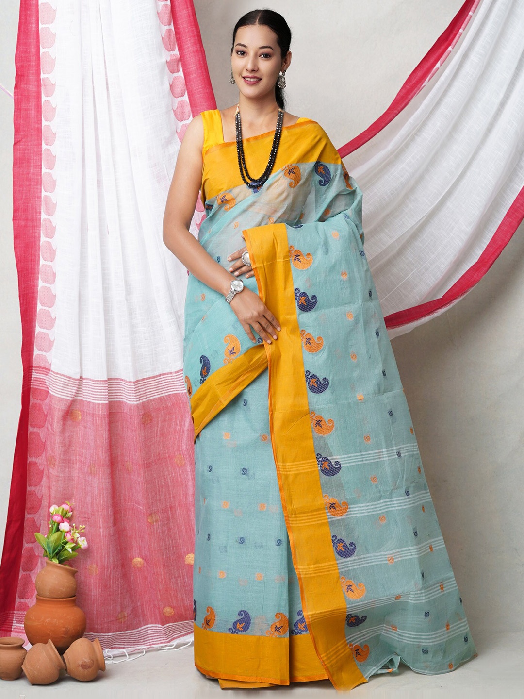 

Unnati Silks Woven Design Pure Cotton Jamdani Saree, Blue