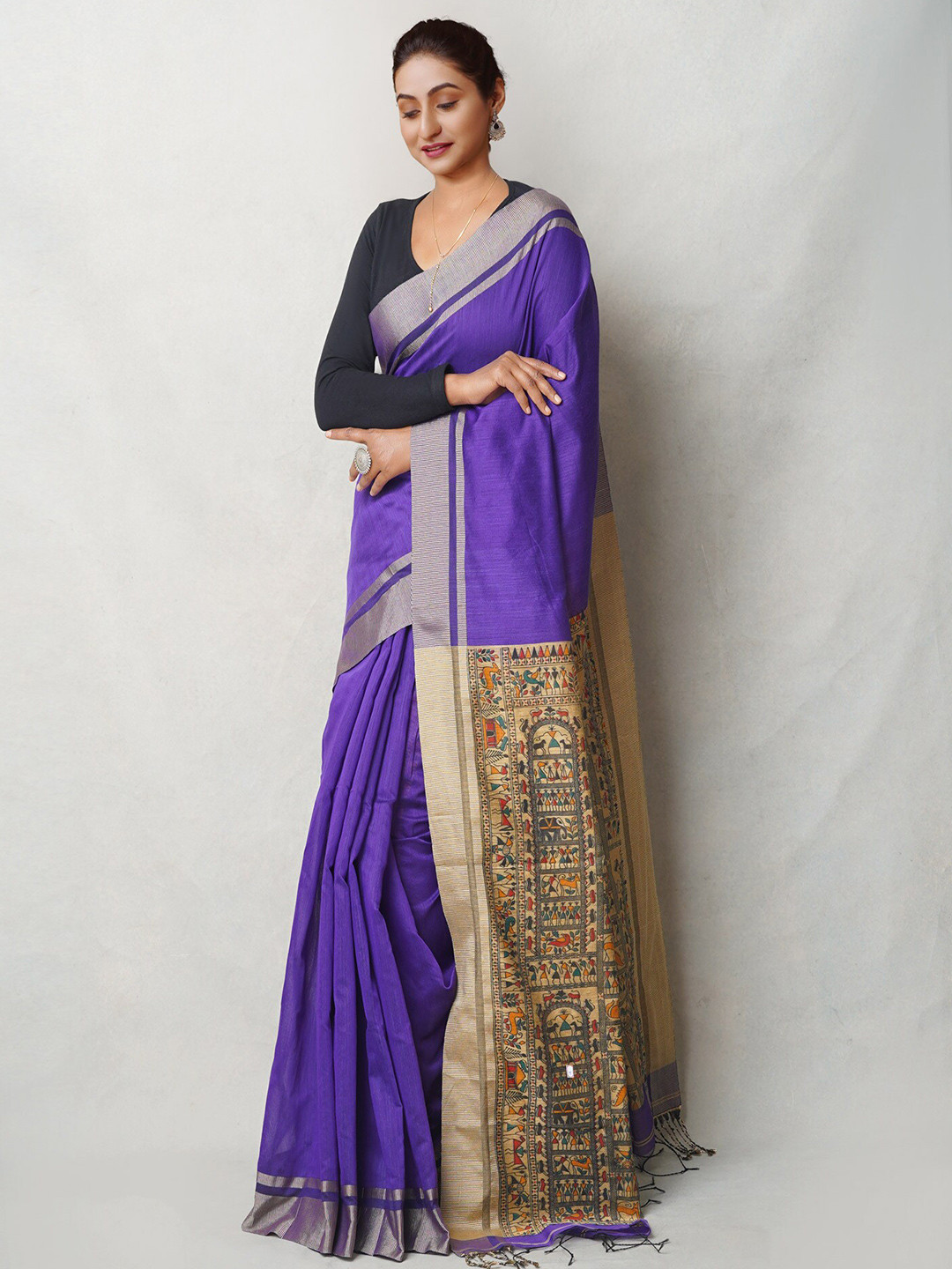 

Unnati Silks Kalamkari Zari Handloom Block Print Saree, Violet