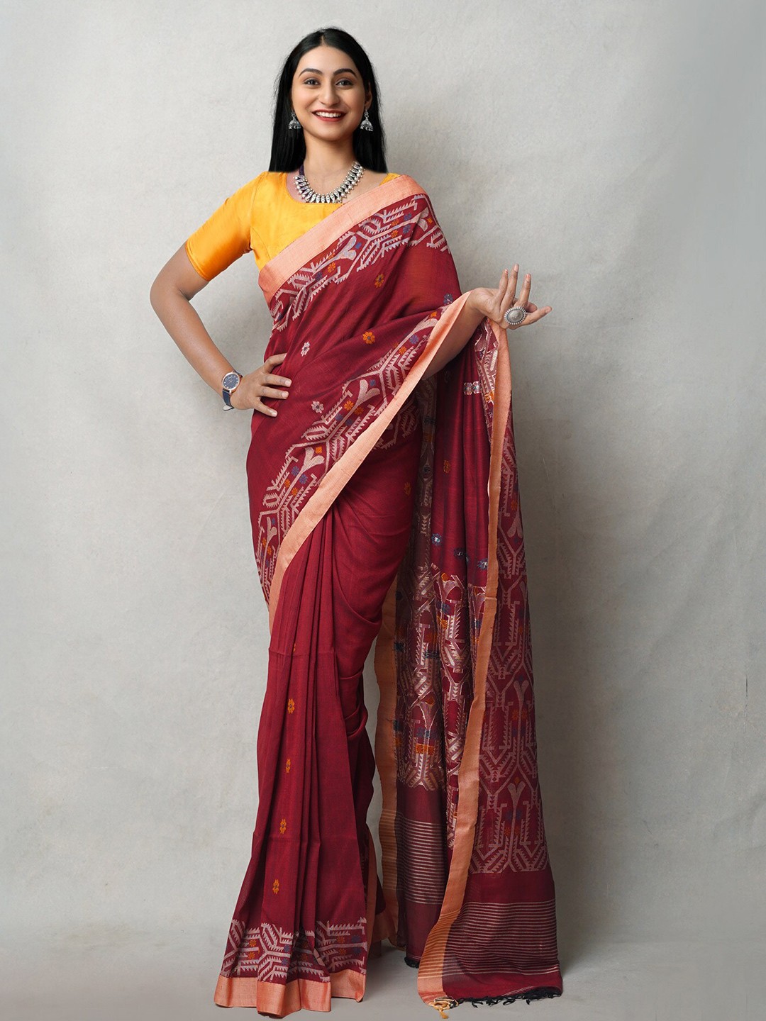 

Unnati Silks Woven Design Zari Pure Linen Jamdani Saree, Red