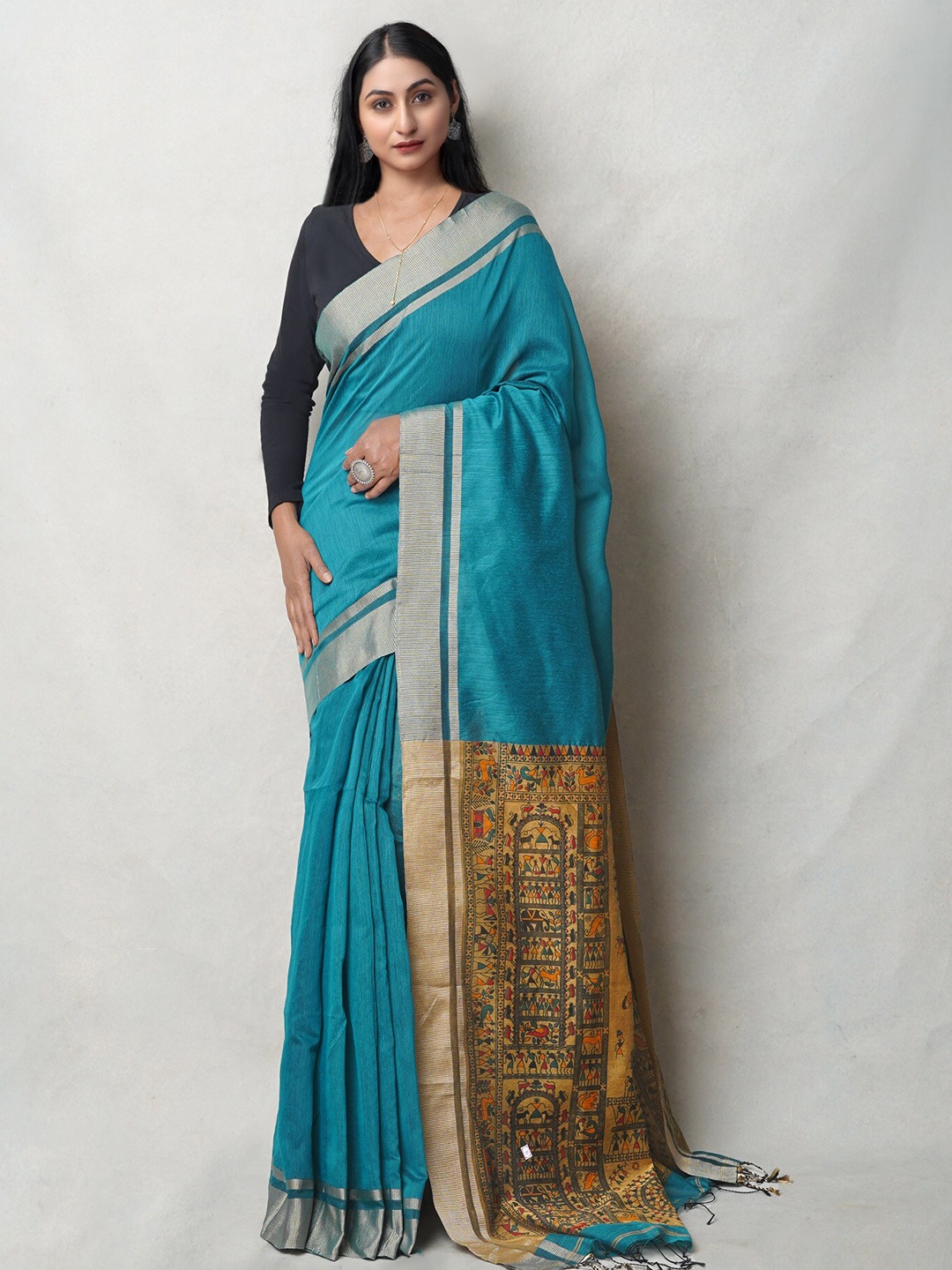 

Unnati Silks Zari Block Print Saree, Green