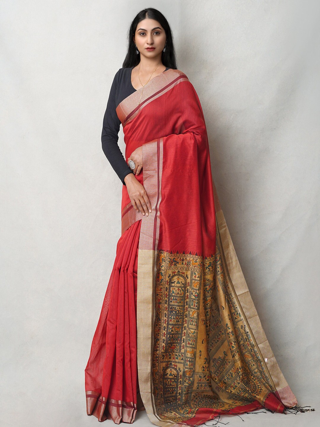 

Unnati Silks Kalamkari Zari Handloom Block Print Saree, Red