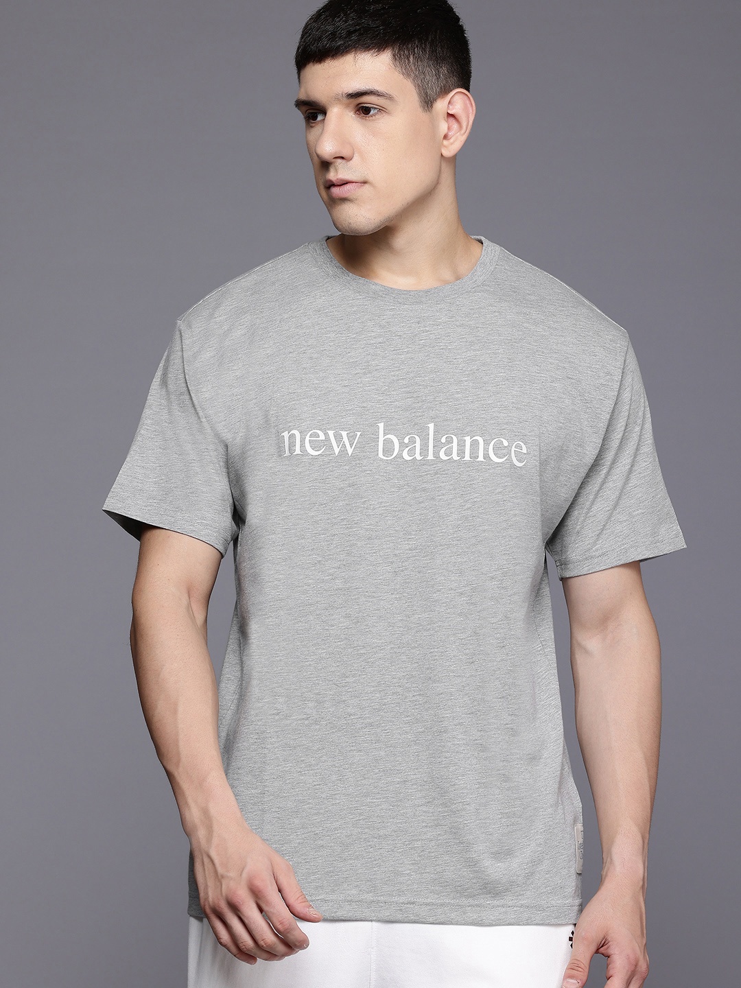 

New Balance Typography Printed Drop-Shoulder Sleeves Relaxed T-shirt, Grey melange