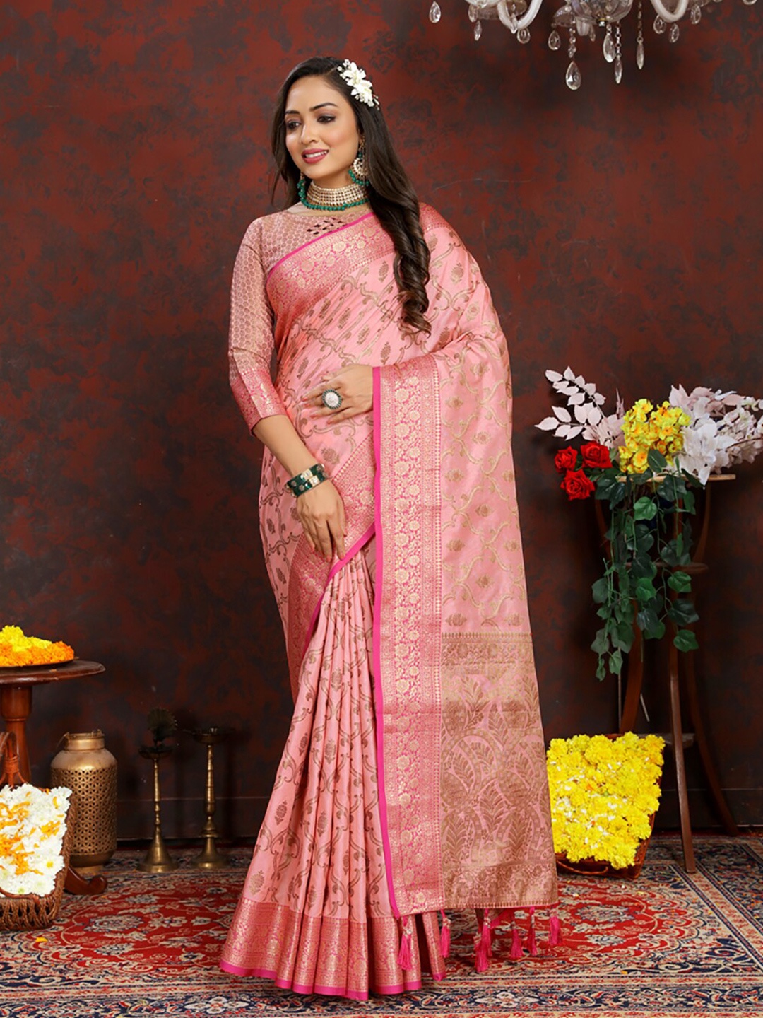 

KALINI Floral Woven Design Zari Art Silk Banarasi Saree, Pink