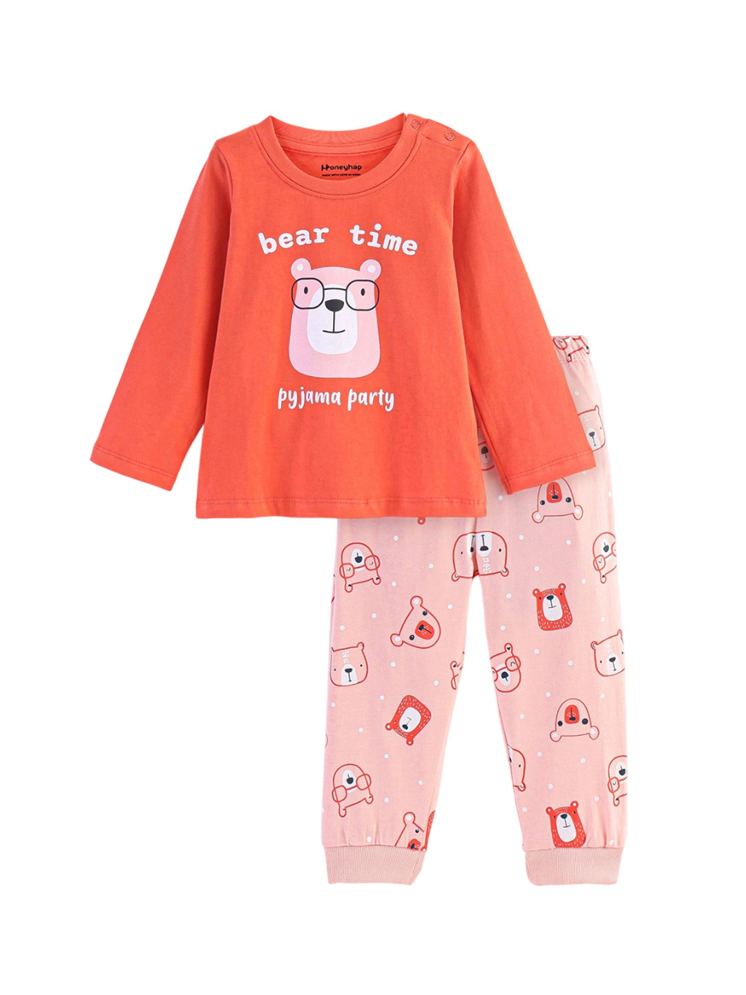 

Honeyhap Girls Typography Printed Pure Cotton Night suit, Orange