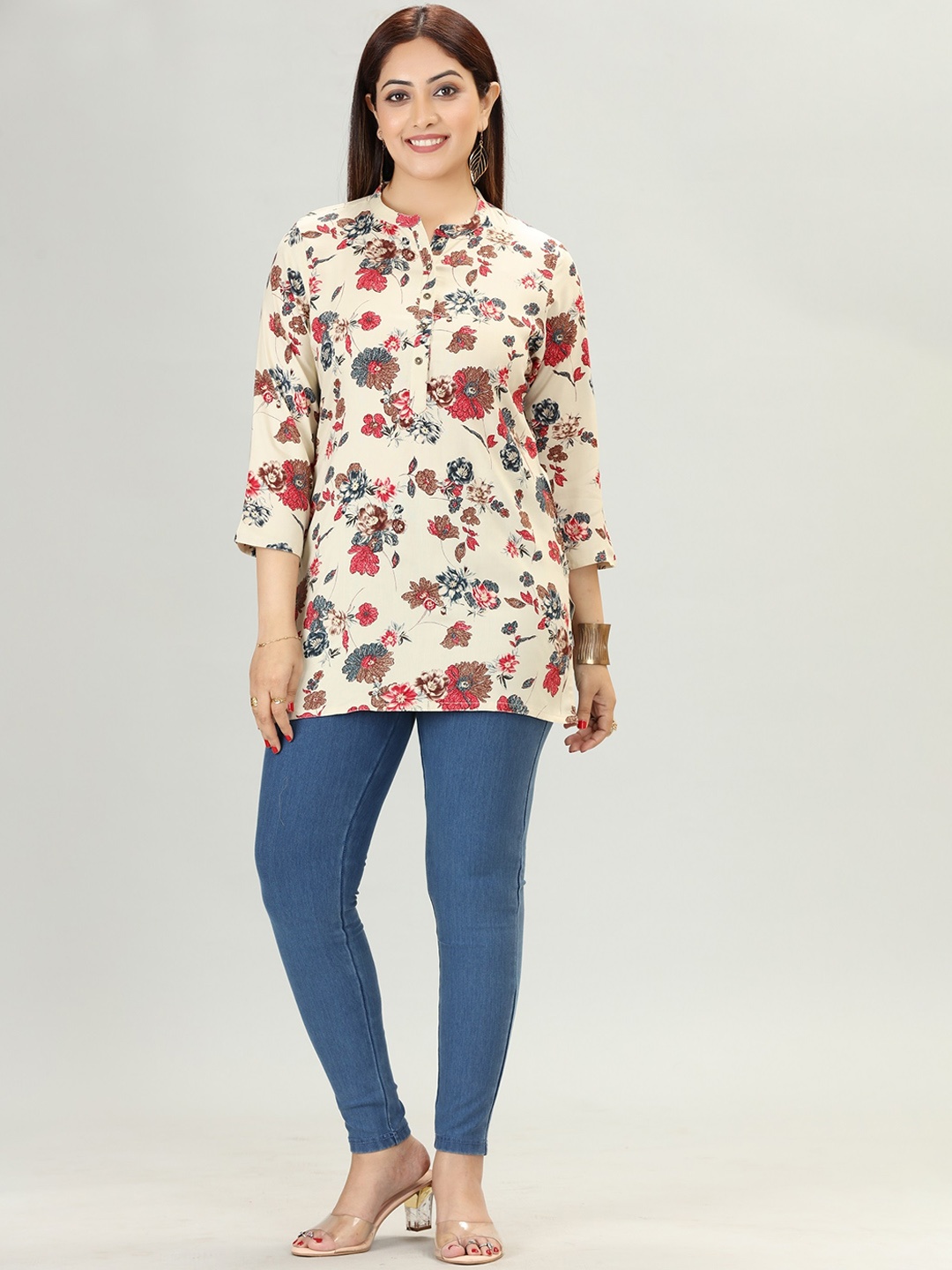 

COTTON CULTURE Floral Printed Mandarin Collar Straight Kurti, Cream