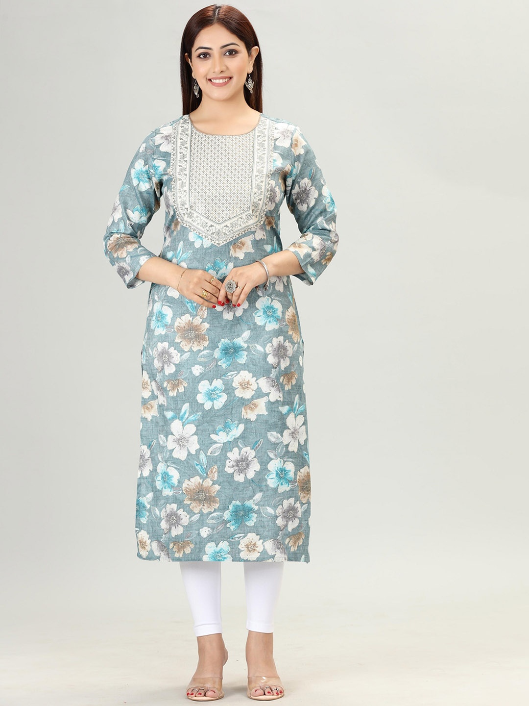 

COTTON CULTURE Floral Printed Round Neck Sequinned Straight Kurta, Teal