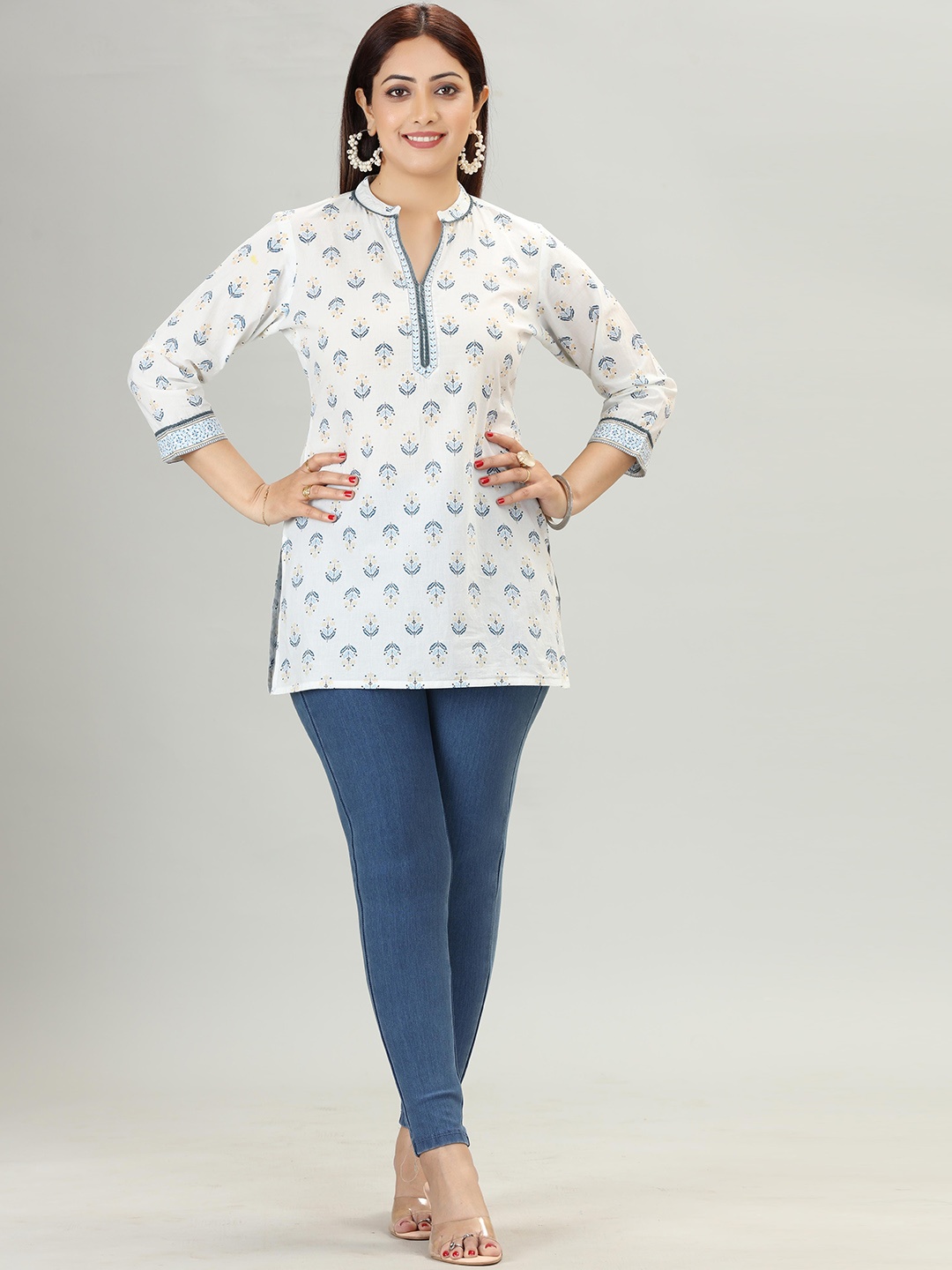 

COTTON CULTURE Floral Printed Mandarin Collar Pure Cotton Straight Kurti, White