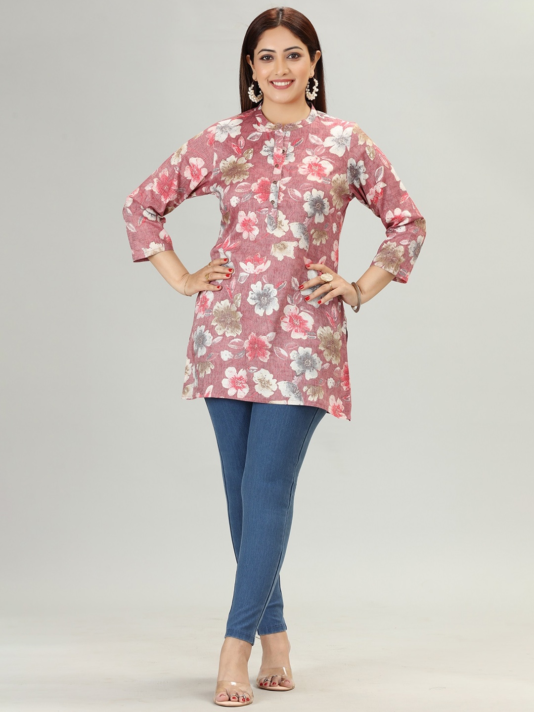 

COTTON CULTURE Floral Printed Mandarin Collar Straight Kurti, Peach