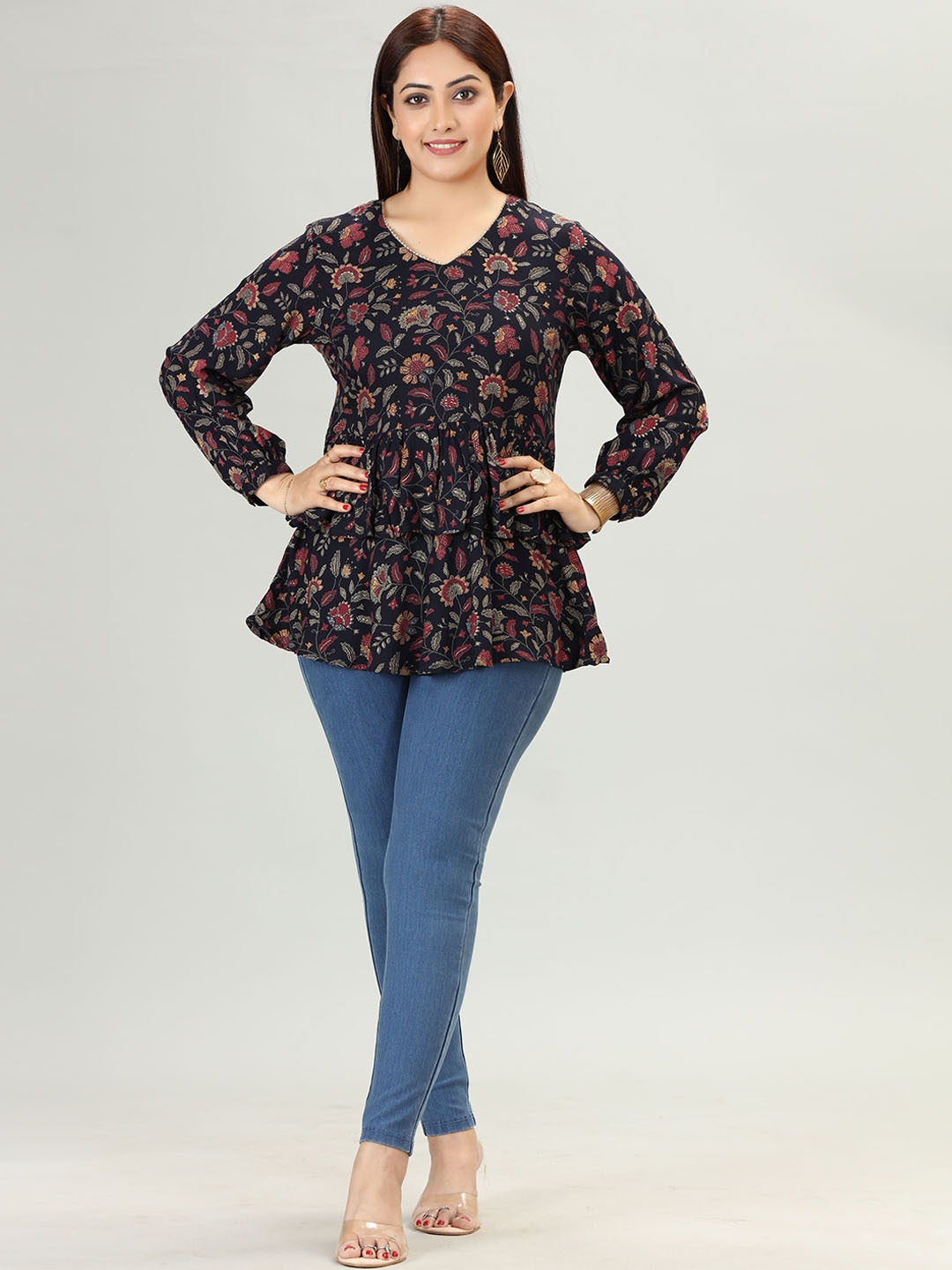 

COTTON CULTURE Floral Printed V-Neck Pleated A-Line Kurti, Navy blue