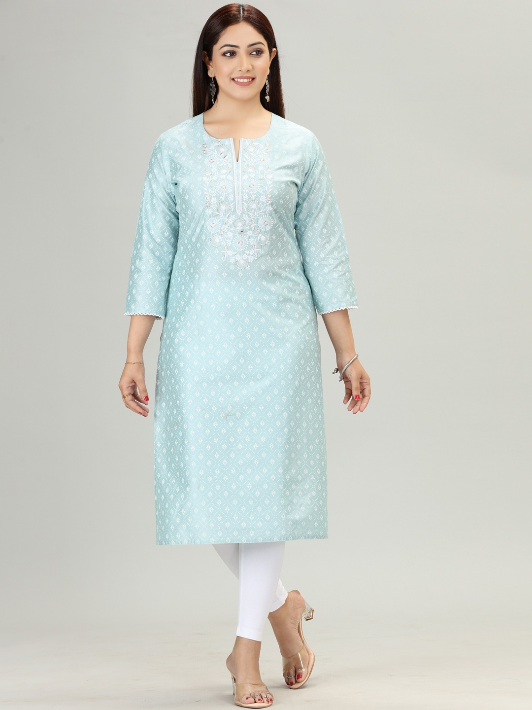 

COTTON CULTURE Ethnic Motifs Embroidered Notched Neck Chikankari Straight Kurta, Blue