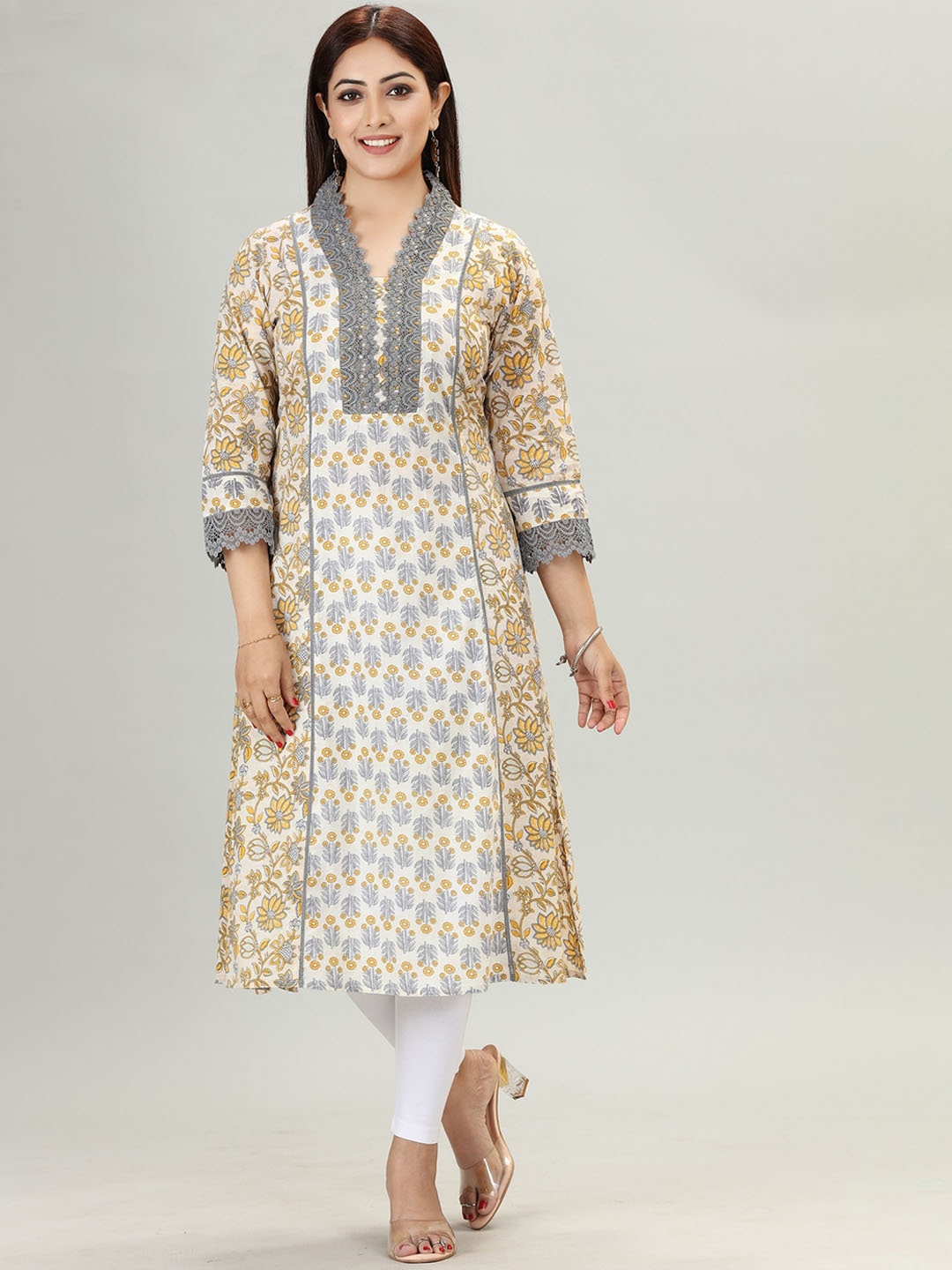 

COTTON CULTURE Ethnic Motifs Printed Chikankari Cotton V-Neck Panelled A-Line Kurta, Off white