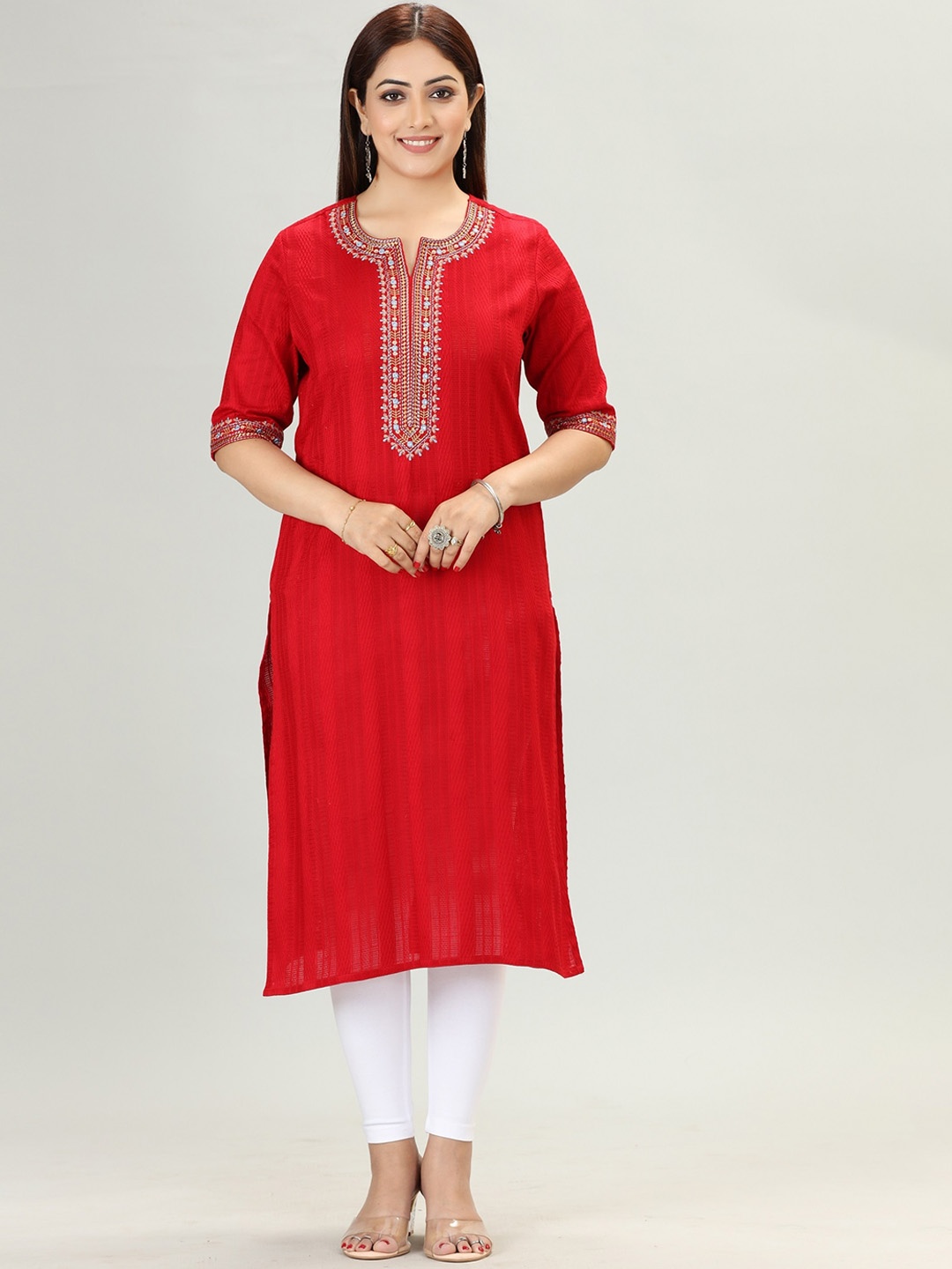 

COTTON CULTURE Ethnic Motifs Printed Thread Work Cotton Straight Kurta, Red