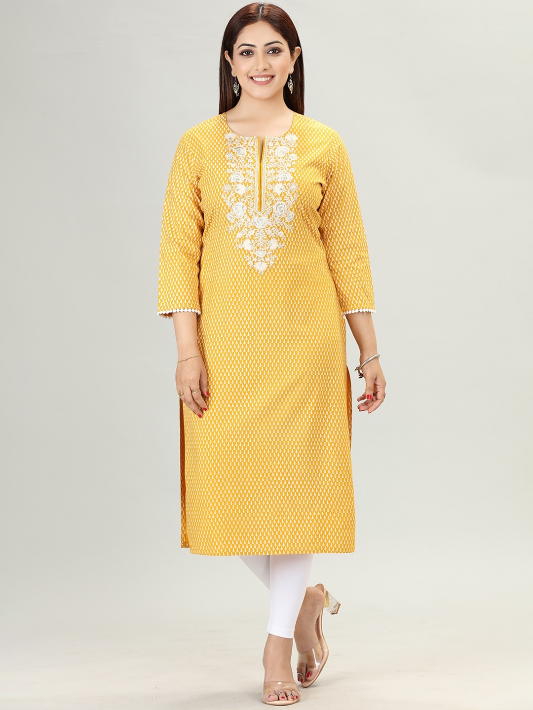 

COTTON CULTURE Floral Printed Cotton Straight Kurta, Yellow