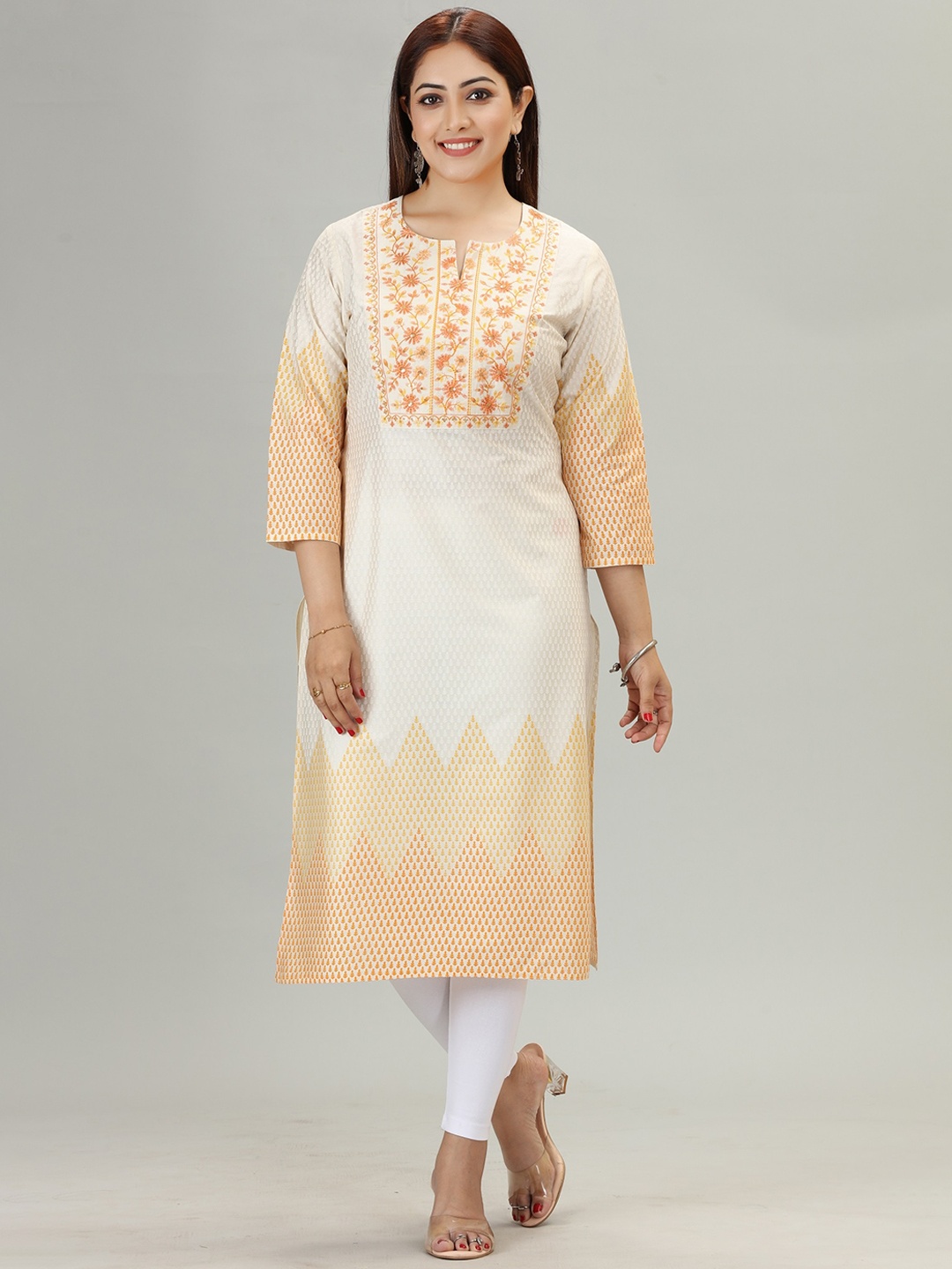 

COTTON CULTURE Ethnic Motifs Yoke Design Round Neck Cotton Straight Kurta, Off white