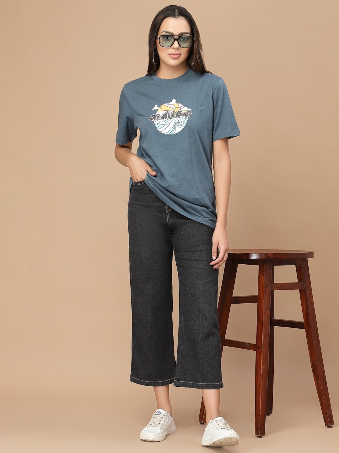HOUSE OF KKARMA Graphic Printed Round Neck Cotton Casual T-shirt, Blue
